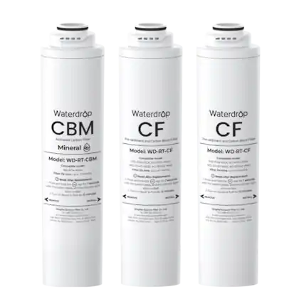 **Waterdrop CBM Activated Carbon Filter Mineral**
Model: WD-RT-CBM
Compatible model: WD-RT34-WMA
Filter life time: Up to 12 months
Reset After Replacement:
1. Press and hold the sign for 7 seconds until the system beeps, and the indicator light starts to flash.
2. Turn on the faucet to flush for 15 minutes.
REMOVE INSTALL
Qingdao Ecouper Filter Co., Ltd.
E-mail: service@waterdrop.com
Address: No. 303, Building 1, No. 188, Jiaozhou Road, Licang District, Qingdao, China
EPA No. 9030-CHN-1 Made in China, POOL
---
**Waterdrop CF Pre-sediment and Carbon Block Filter**
Model: WD-RT-CF
Compatible model: WD-RT34-WCA, WD-RT34-WMA, WD-R144D-WDD
Filter life time: Up to 6 months
Reset After Replacement:
1. Press and hold the sign for 2 seconds until the system beeps, and the indicator light starts to flash