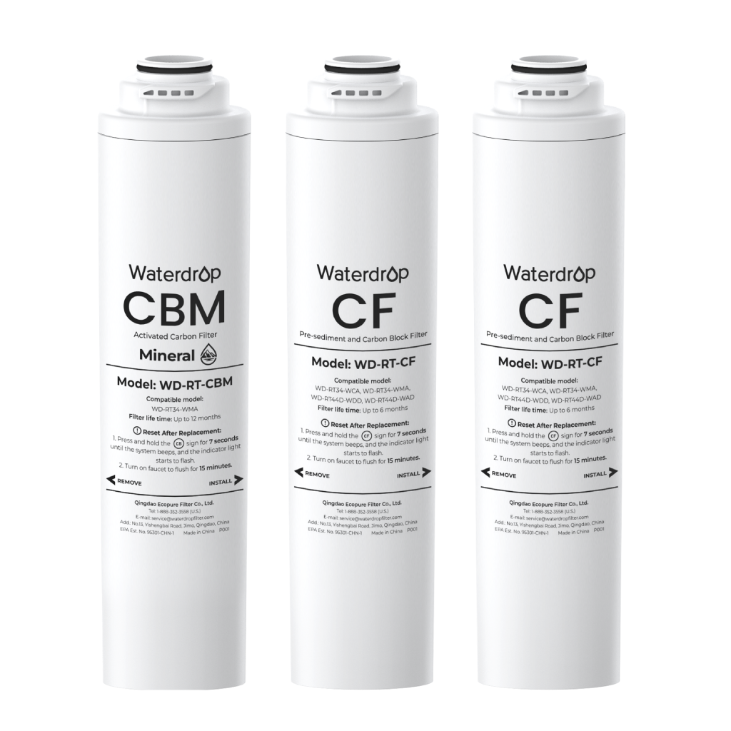 **Waterdrop CBM Activated Carbon Filter Mineral**

Model: WD-RT-CBM  
Compatible model: WD-RT34-WMA  

Filter life time: Up to 12 months  

Reset After Replacement:  
1. Press and hold the sign for 7 seconds until the system beeps, and the indicator light starts to flash.  
2. Turn on the faucet to flush for 15 minutes.  

REMOVE INSTALL  

Qingdao Ecouper Filter Co., Ltd.  
E-mail: service@waterdrop.com  
Address: No. 303, Building 1, No. 188, Jiaozhou Road, Licang District, Qingdao, China  
EPA No. 9030-CHN-1 Made in China, POOL  

---

**Waterdrop CF Pre-sediment and Carbon Block Filter**

Model: WD-RT-CF  
Compatible model: WD-RT34-WCA, WD-RT34-WMA, WD-R144D-WDD  

Filter life time: Up to 6 months  

Reset After Replacement:  
1. Press and hold the sign for 2 seconds until the system beeps, and the indicator light starts to flash