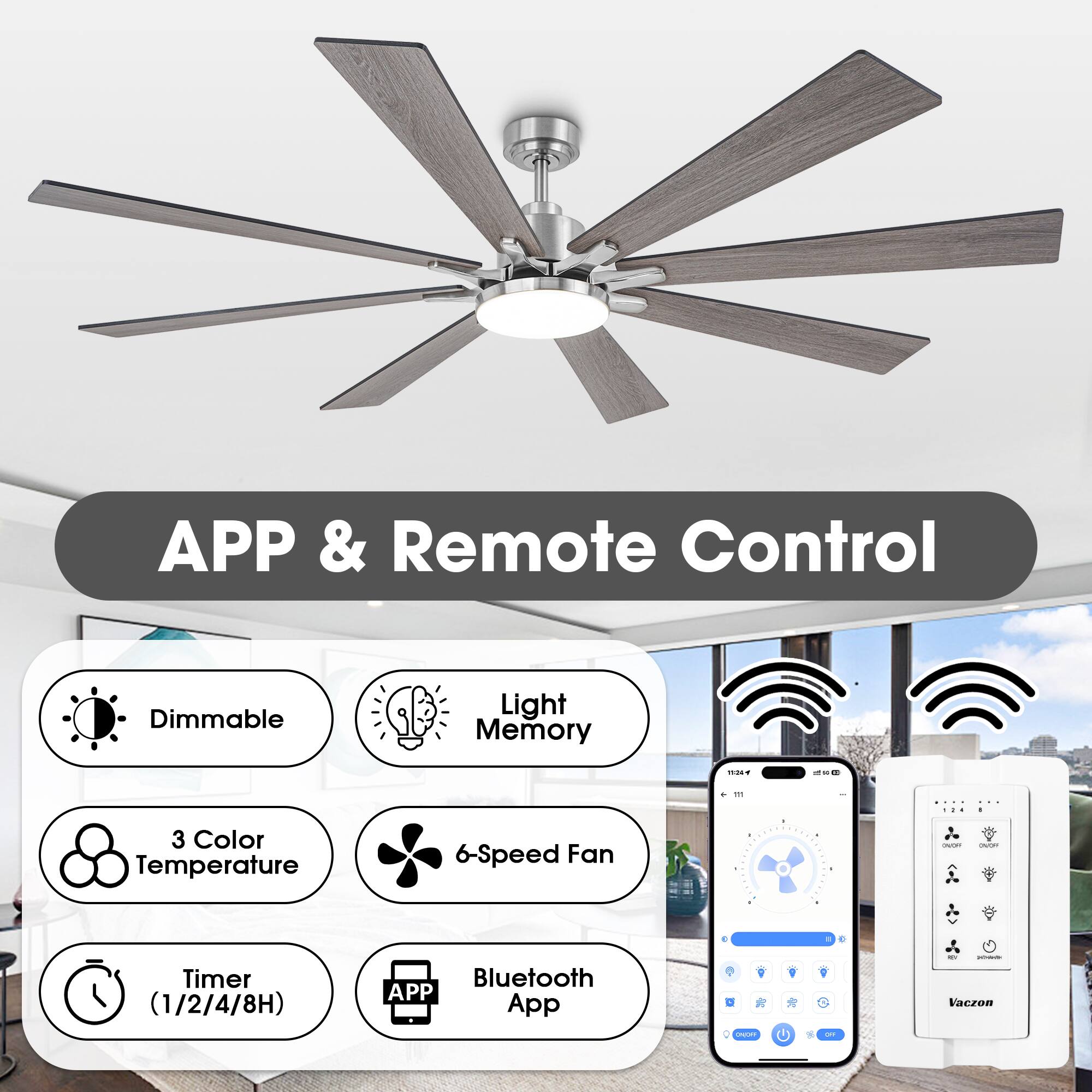 APP & Remote Control

- Dimmable
- Light Memory
- 3 Color Temperature
- 6-Speed Fan
- Timer (1/2/4/8H)
- Bluetooth App

Vaczon