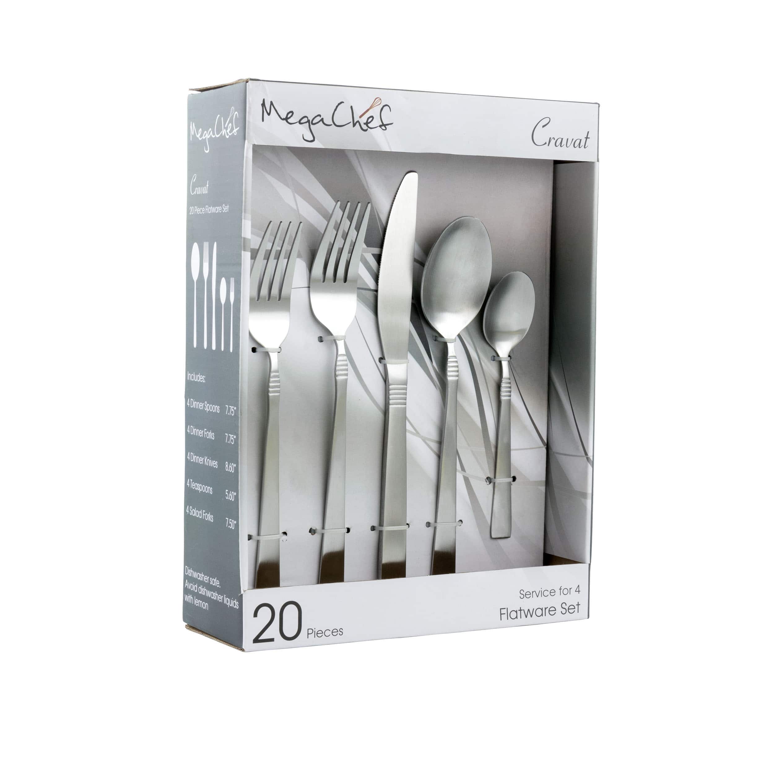 MegaChef - Cravat 20 Piece Flatware Utensil Set, Stainless Steel Silverware Metal Service for 4 in Matte - Silver
