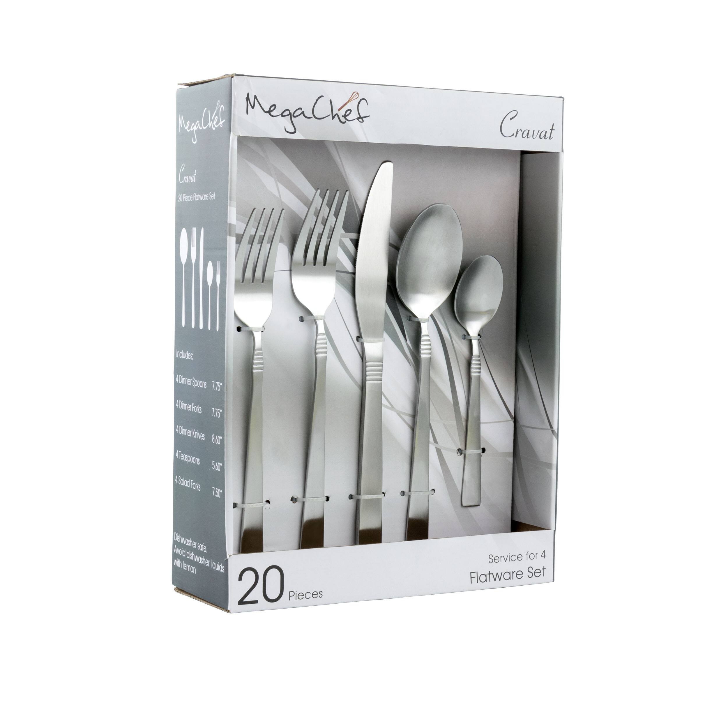 MegaChef - Cravat 20 Piece Flatware Utensil Set, Stainless Steel Silverware Metal Service for 4 in Matte - Silver