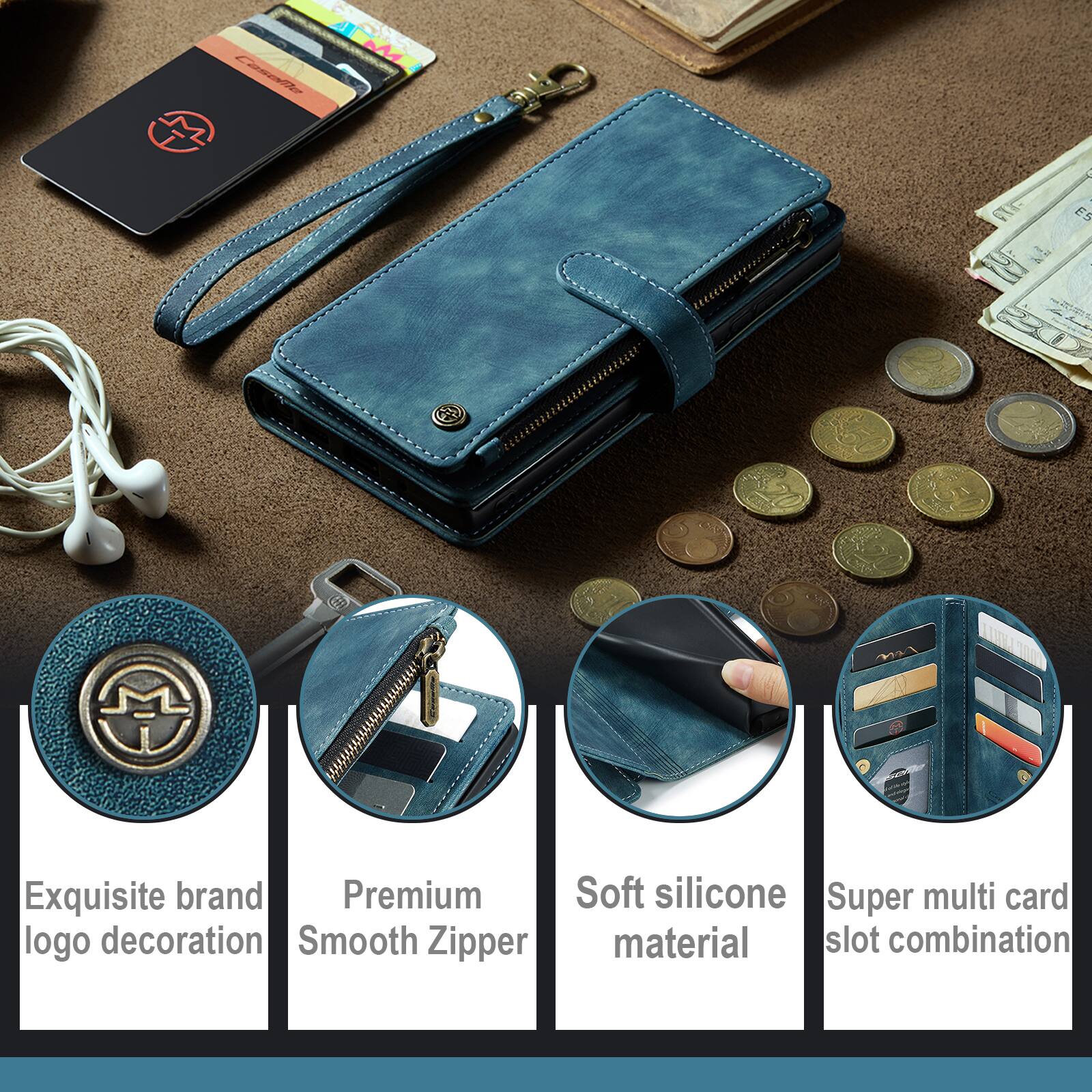 Exquisite brand logo decoration  
Premium Smooth Zipper  
Soft silicone material  
Super multi card slot combination