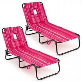 Gymax - 2PCS Folding Beach Sun Lounger w/Face Hole Removable Pillows 4-Position Backrest - Pink