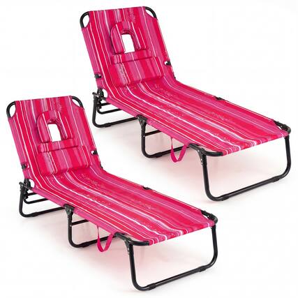 Front. Gymax - Gymax 2PCS Folding Beach Sun Lounger w/Face Hole Removable Pillows 4-Position Backrest - Pink.