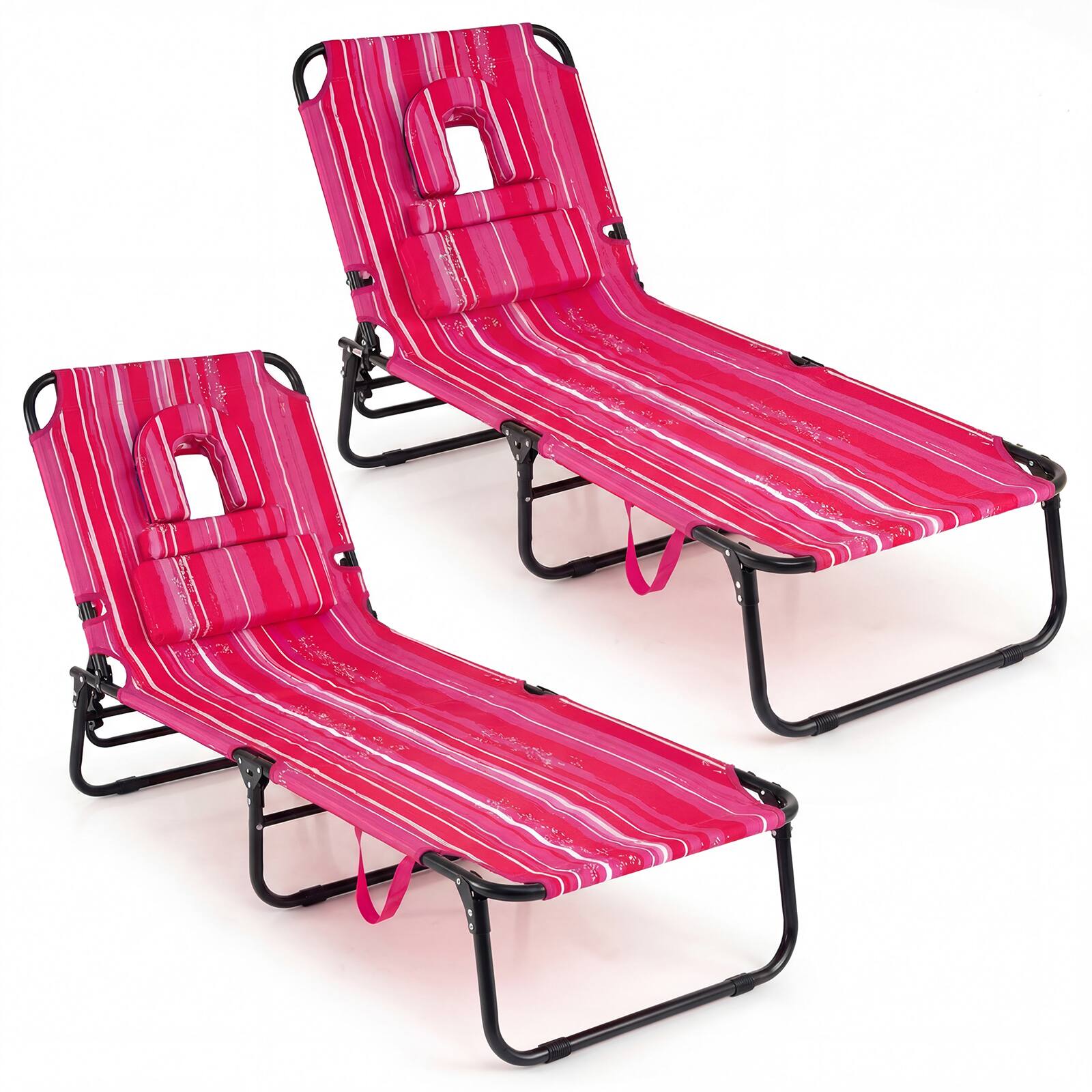 Front. Gymax - Gymax 2PCS Folding Beach Sun Lounger w/Face Hole Removable Pillows 4-Position Backrest - Pink.