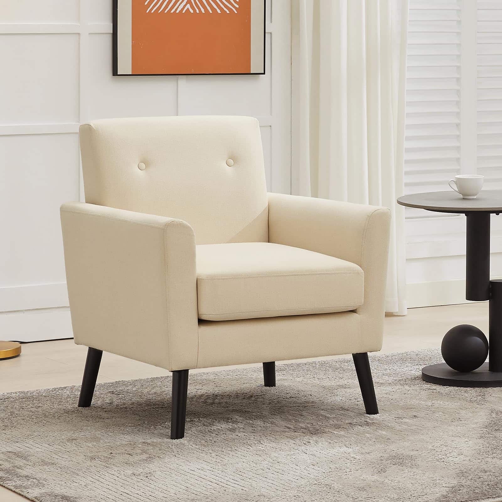 Jojoka - Mid-Century Accent Chair, Chenille Upholstered Living Room Chair with Thicker Seat Cushion & Solid Wood Legs - Beige