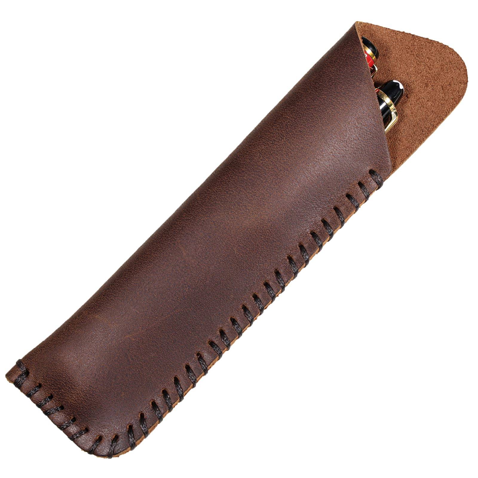 Front. Dapper Styles - Handmade Genuine Leather Double Pen Case Fountain Sleeve Holder Pouch Cover Vintage coffee - Default.