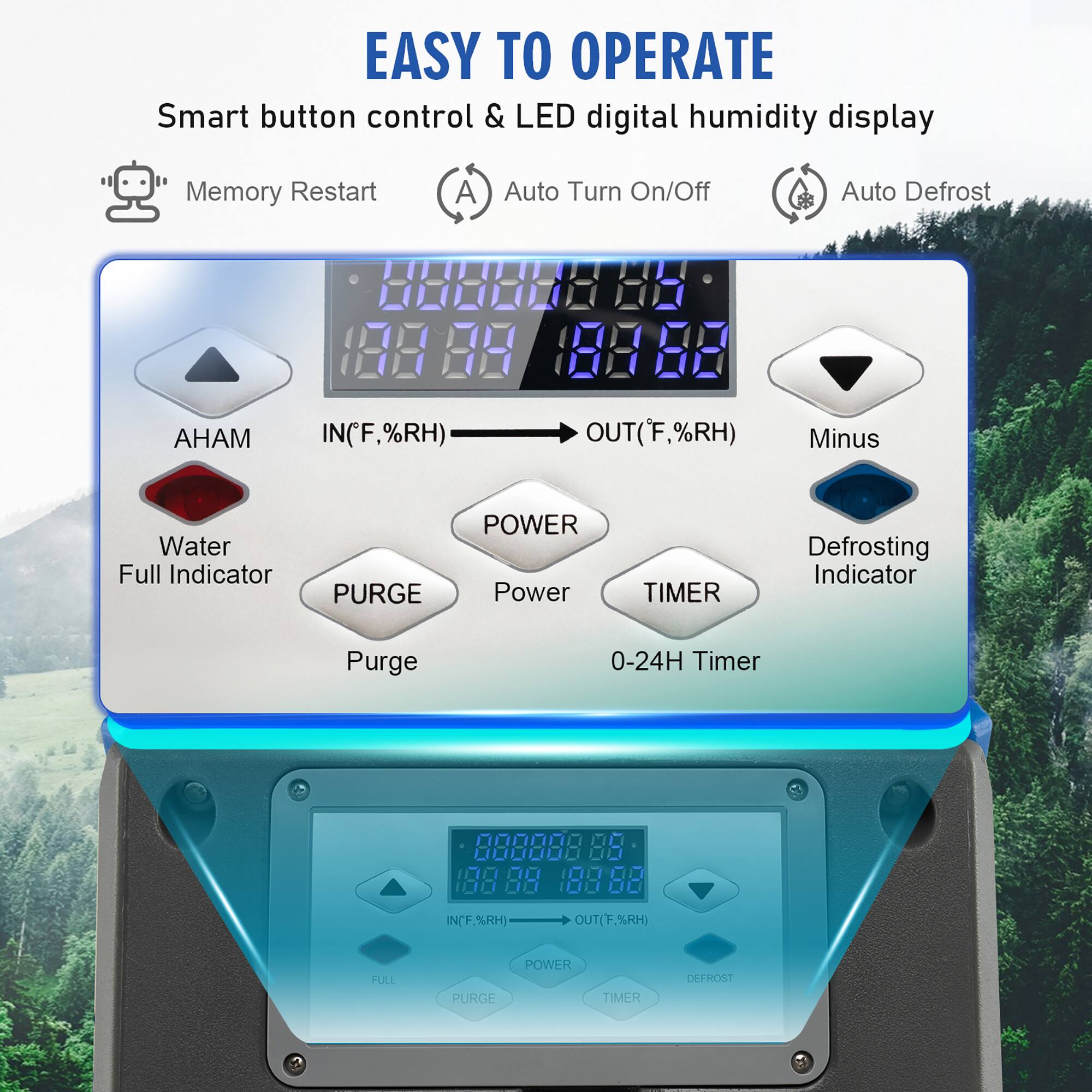 Easy to Operate Smart Button Control & LED Digital Humidity Display. Memory Restart. Auto Turn On/Off. Auto Defrost. IN(F.%RH) OUT(F,%RH) Minus Water Full Indicator. PURGE POWER. Power Timer. Defrosting Indicator. Purge 0-24H Timer.