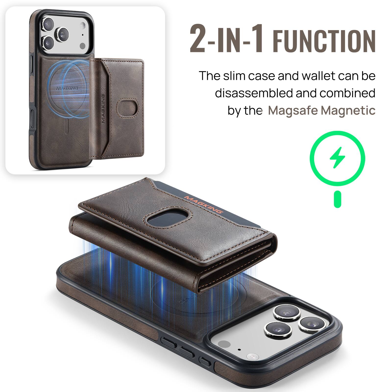 At GING
MACKING
2-IN-1 FUNCTION The slim case and wallet can be disassembled and combined by the Magsafe Magnetic
MAGKING
ODO