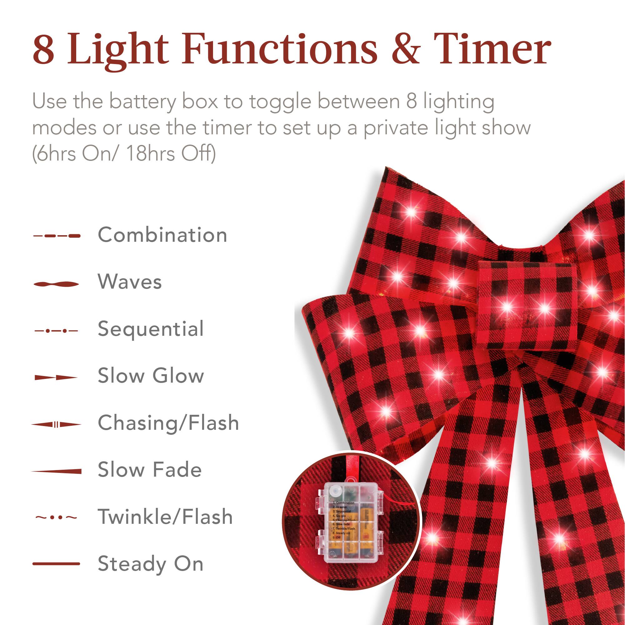 8 Light Functions & Timer

Use the battery box to toggle between 8 lighting modes or use the timer to set up a private light show (6hrs On/ 18hrs Off)

- Combination
- Waves
- Sequential
- Slow Glow
- Chasing/Flash
- Slow Fade
- Twinkle/Flash
- Steady On