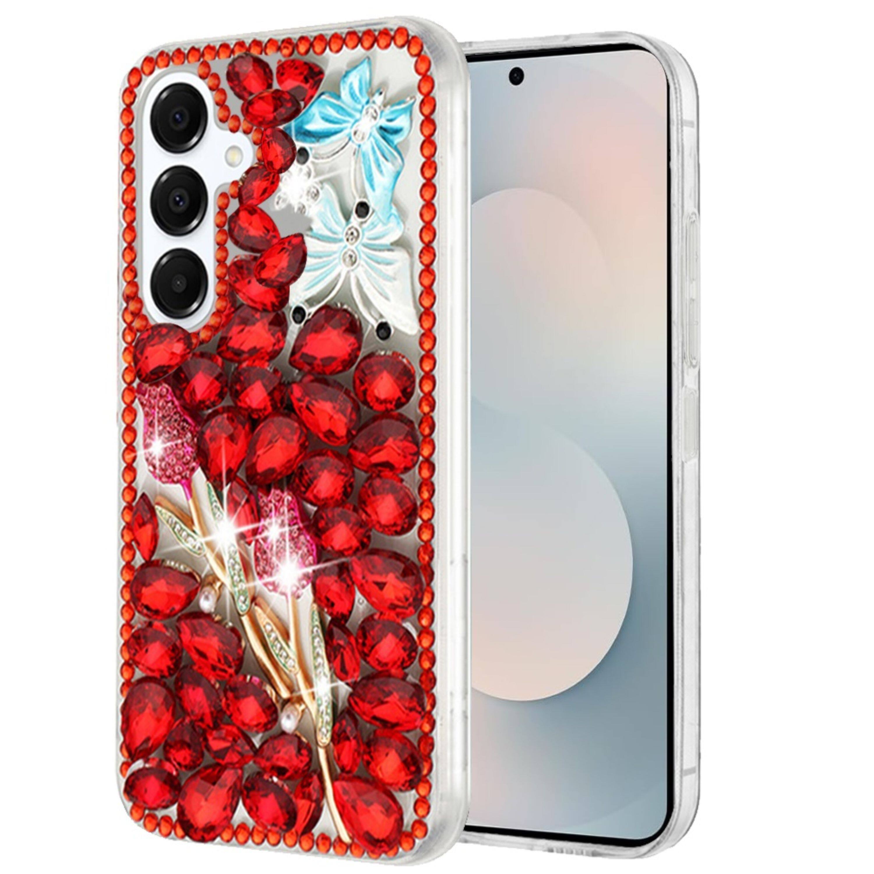 Left. Kitcheniva - Full Diamond Bling 3D Jewel Ornaments Plus Tempered Glass For Samsung S25 FE Red Exquisite Garden - Multicolor.