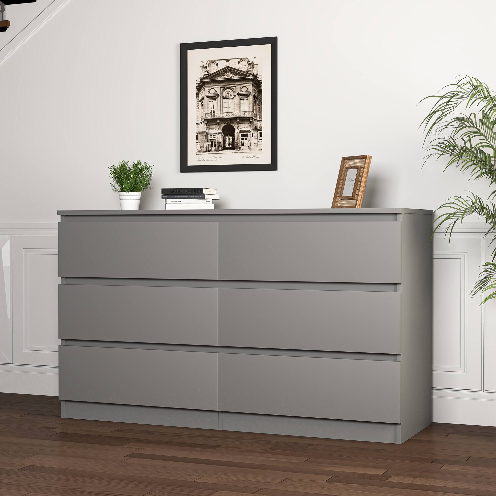 Alt View 5. Kadyn - Modern Mid Century 6 Drawer Wide Dressers Chests for Bedroom, Chest of Drawer Organizer - Grey.