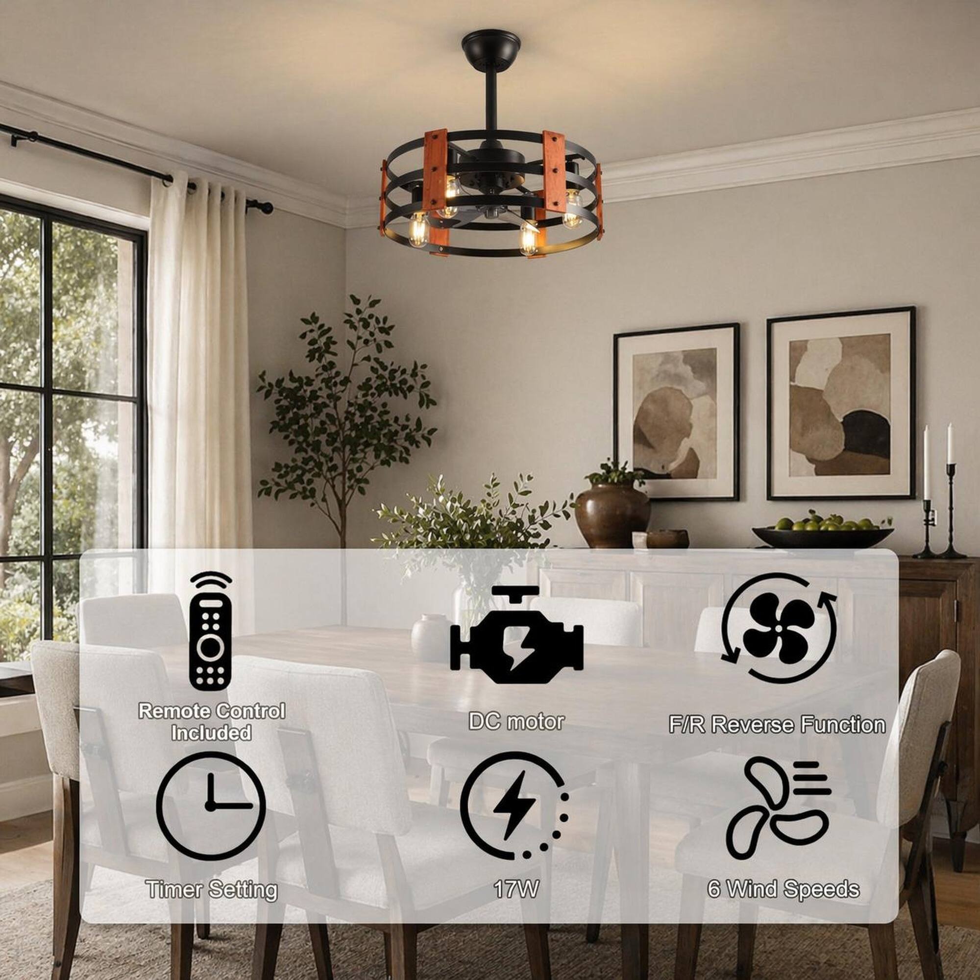 Remote Control Included  
DC motor  
F/R Reverse Function  
Timer Setting  
17W  
6 Wind Speeds