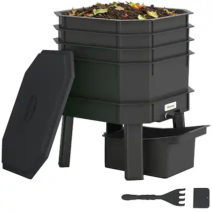 Front. Outsunny - 4-Tray Worm Composter Bin, 7.4 Gal Outdoor & Indoor Worm Composter, Farm Starter Kits for Vermicomposting Starter.