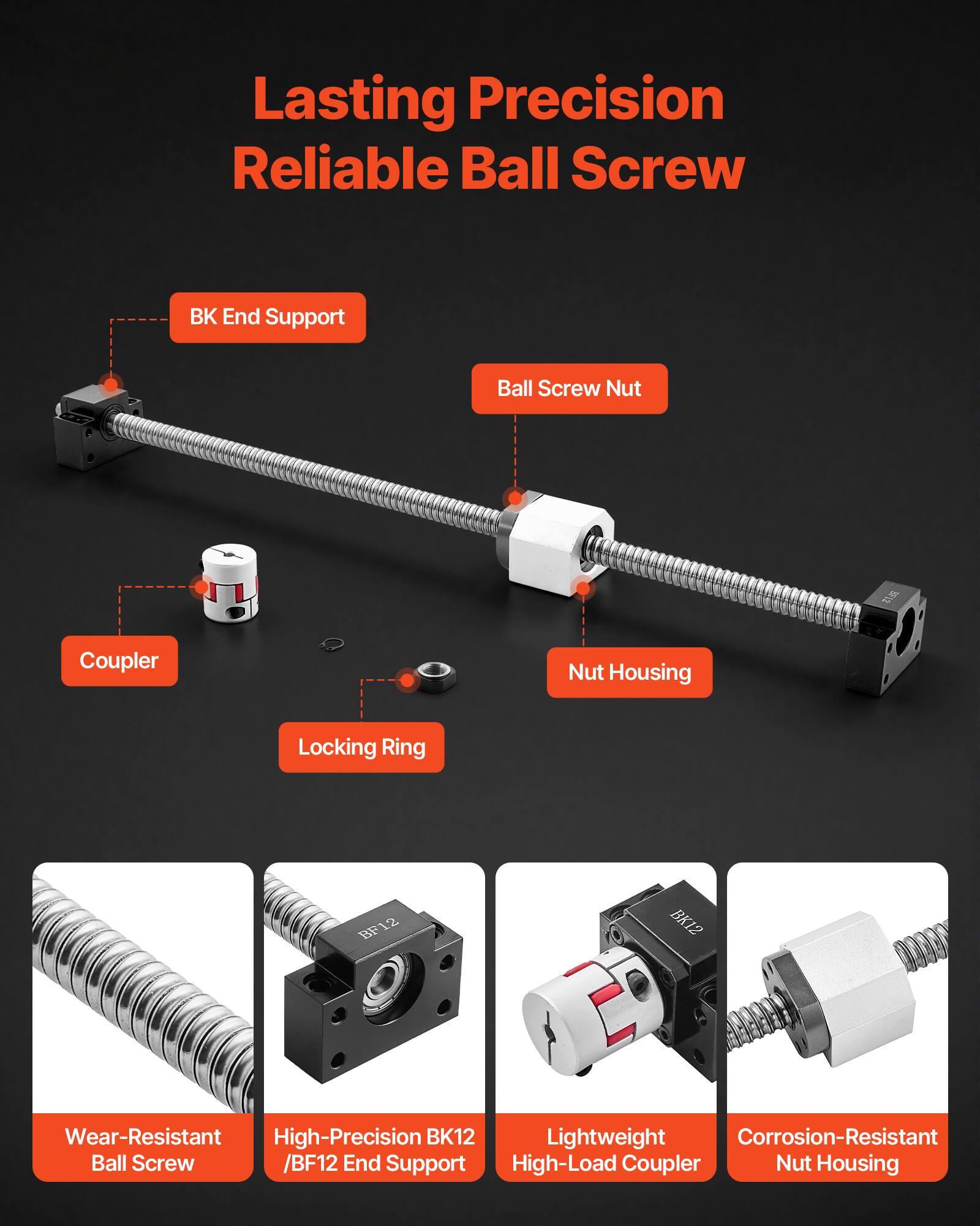 Lasting Precision Reliable Ball Screw

- BK End Support
- Ball Screw Nut
- Coupler
- Nut Housing
- Locking Ring

Features:
- Wear-Resistant Ball Screw
- High-Precision BK12 / BF12 End Support
- Lightweight High-Load Coupler
- Corrosion-Resistant Nut Housing