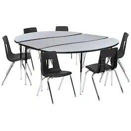 Flash Furniture - Emmy 86" Oval Wave Flexible Laminate Activity Table Set with 18" Student Stack Chairs, Grey/Black - Gray