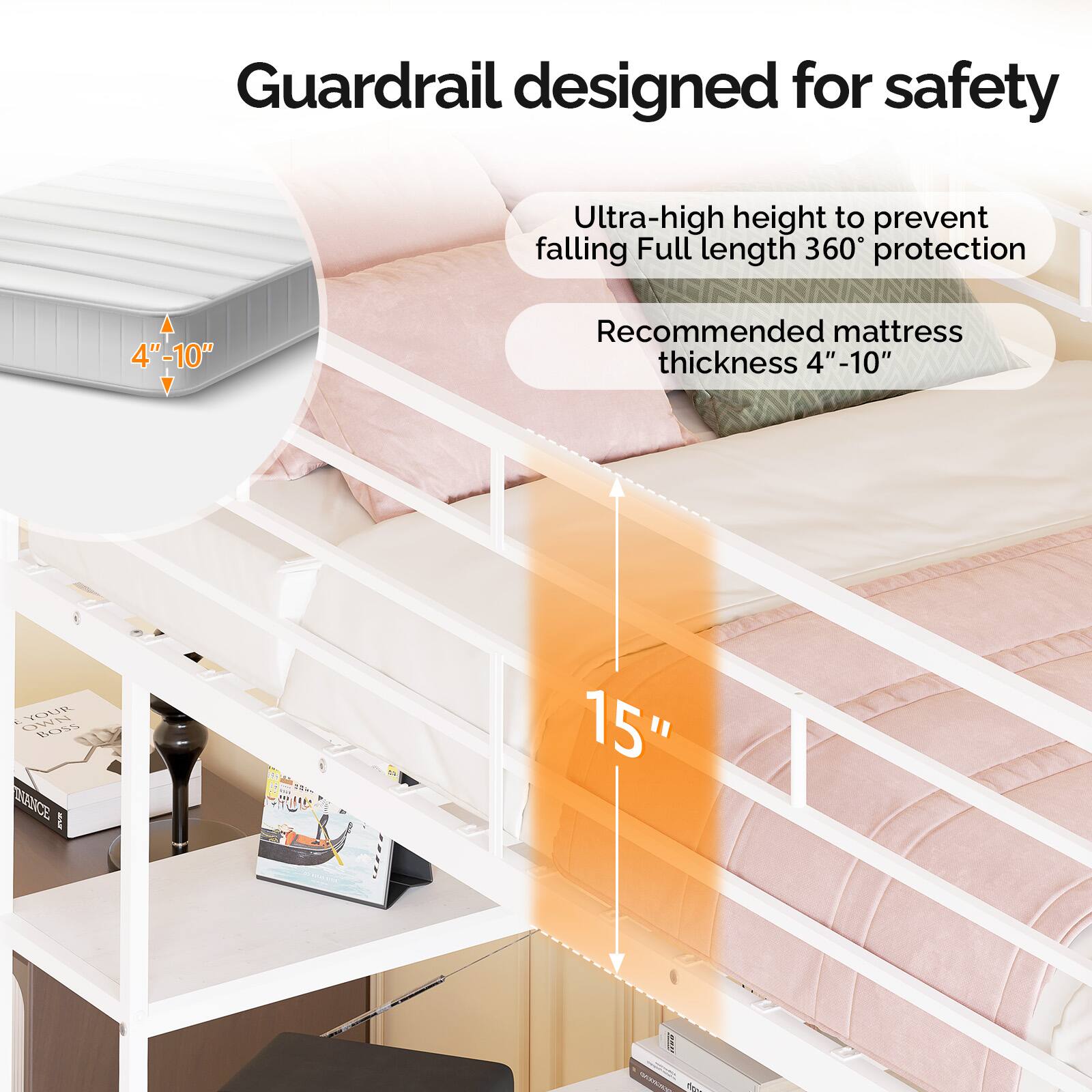Guardrail designed for safety  
Ultra-high height to prevent falling  
Full length 360° protection  
Recommended mattress thickness 4" - 10"  
15"