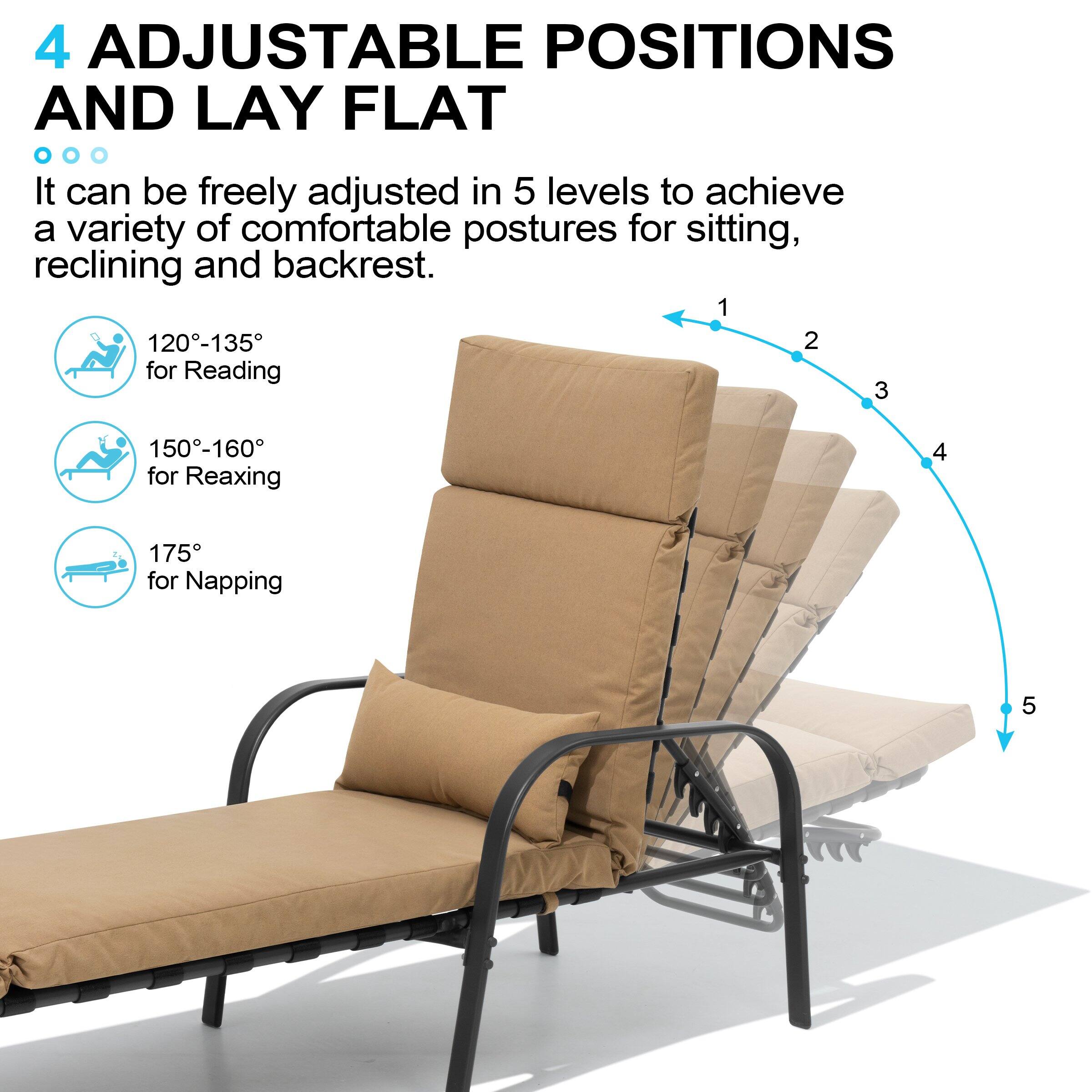 4 ADJUSTABLE POSITIONS AND LAY FLAT

It can be freely adjusted in 5 levels to achieve a variety of comfortable postures for sitting, reclining and backrest.

1. 120°-135° for Reading
2. 150°-160° for Relaxing
3. 175° for Napping