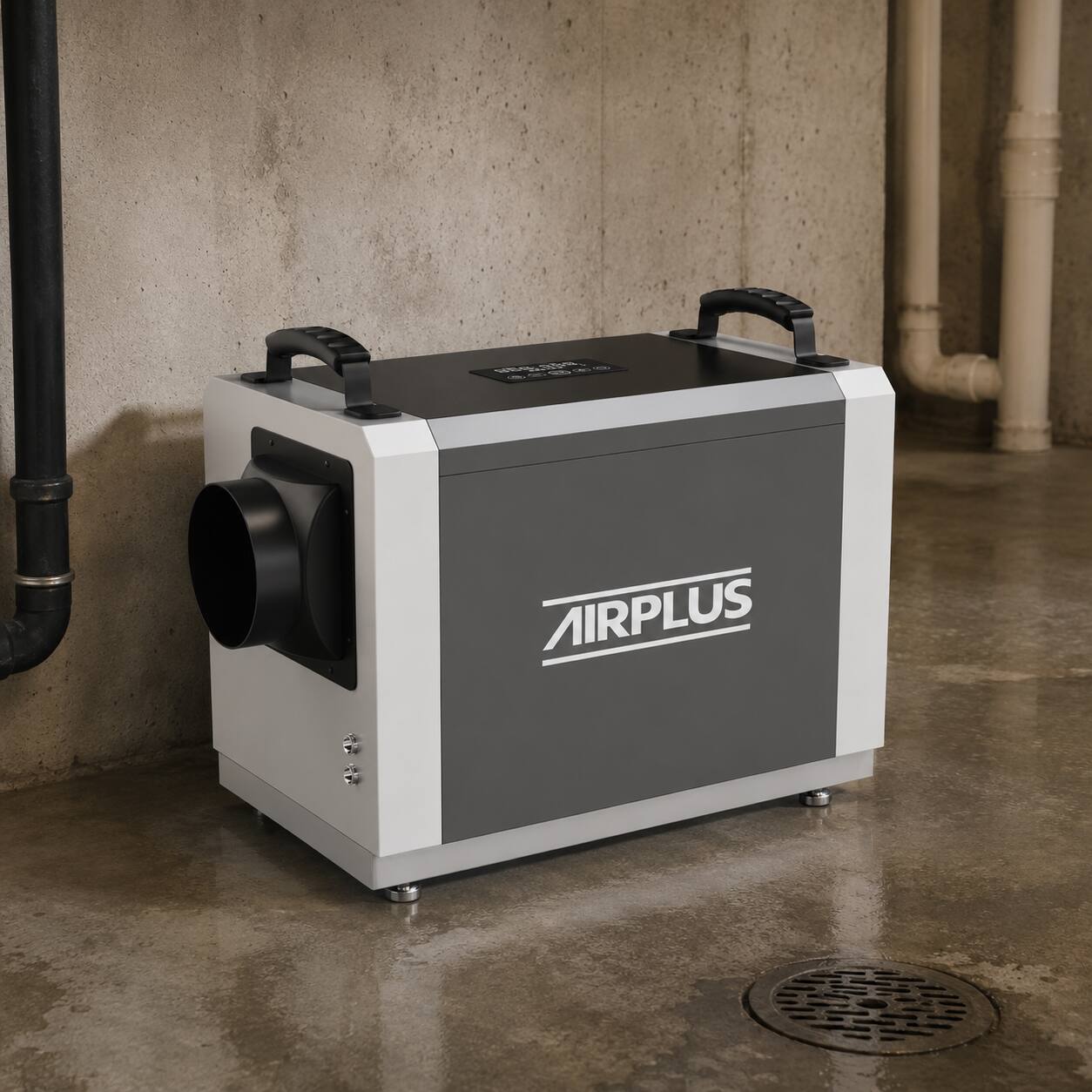 Angle. Airplus - AIRPLUS 106-Pint Commercial Dehumidifier with Direct Drain, Multi-Speed Fan, R32 Refrigerant, 10%-90% Humidity Control.