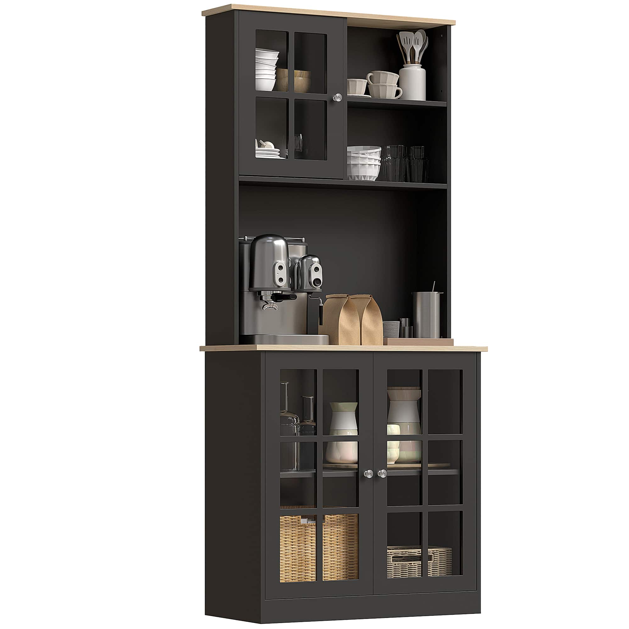 Homcom - 72" Kitchen Pantry Storage Cabinet, Traditional Freestanding Cupboard with 4 Doors and 2 Adjustable Shelves - Black