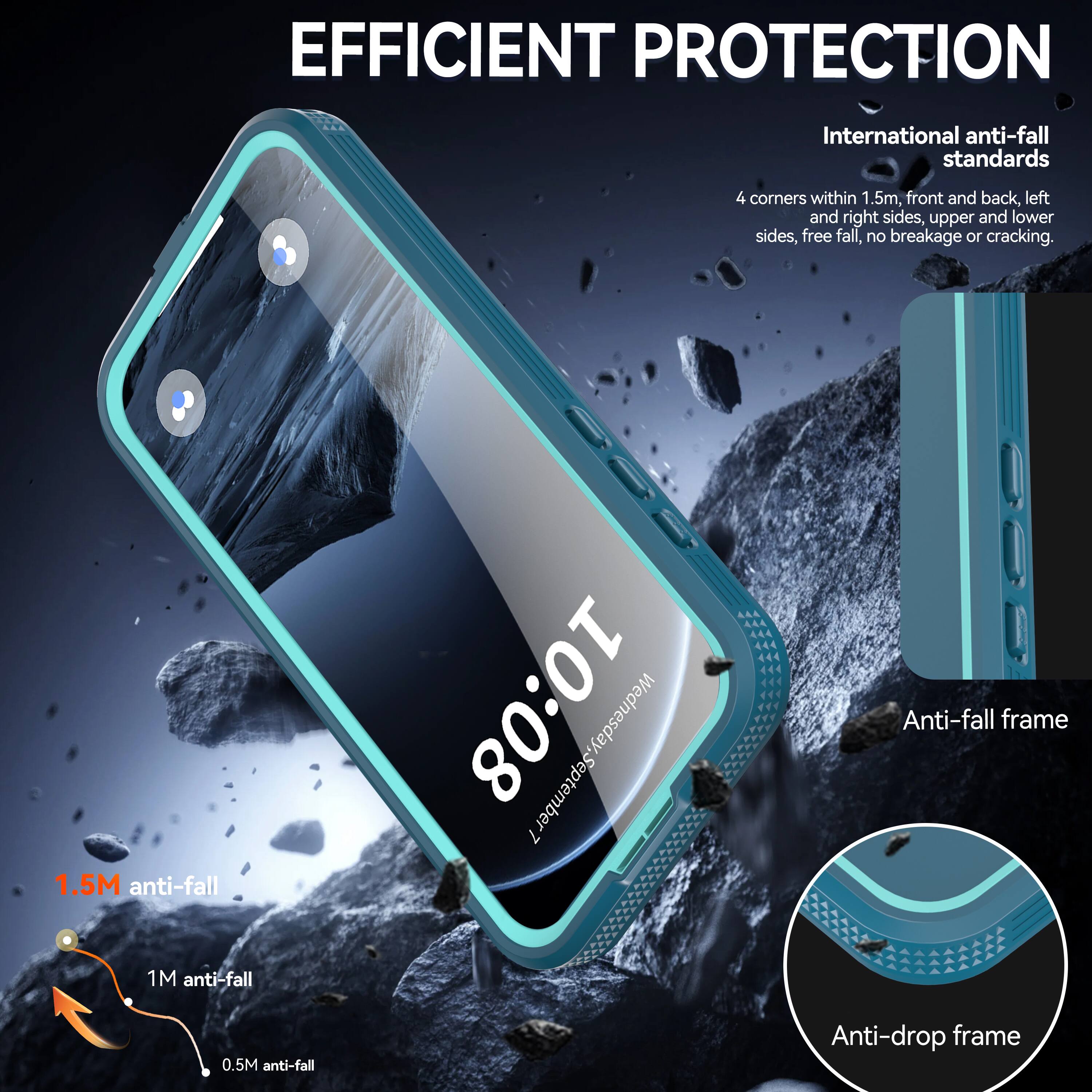 EFFICIENT PROTECTION

International anti-fall standards

4 corners within 1.5m, front and back, left and right sides, upper and lower sides, free fall, no breakage or cracking.

1.5M anti-fall  
1M anti-fall  
0.5M anti-fall

Anti-fall frame  
Anti-drop frame