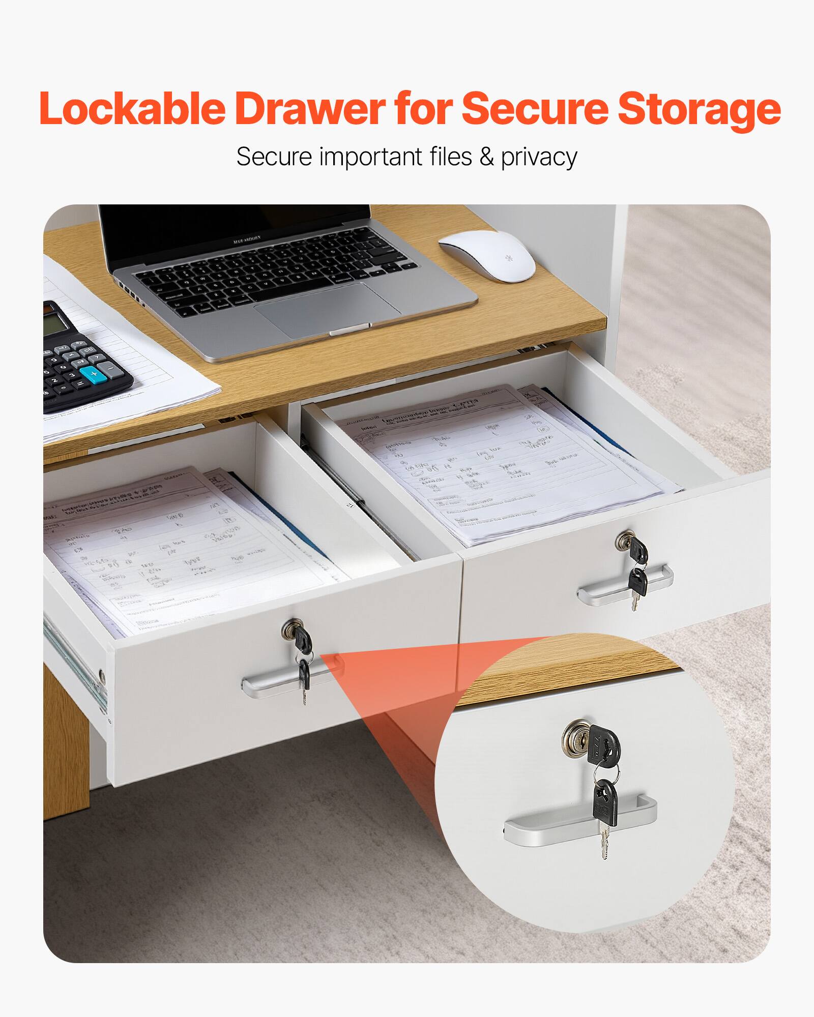 Lockable Drawer for Secure Storage  
Secure important files & privacy