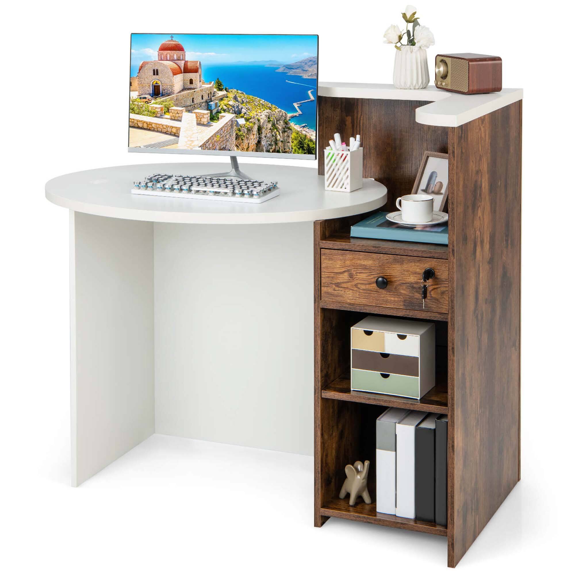 Alt View 9. Costway - Costway Front Reception Counter Desk Checkout Office Desk with Open Shelf & Lockable Drawer - Brown，White Left desktop.