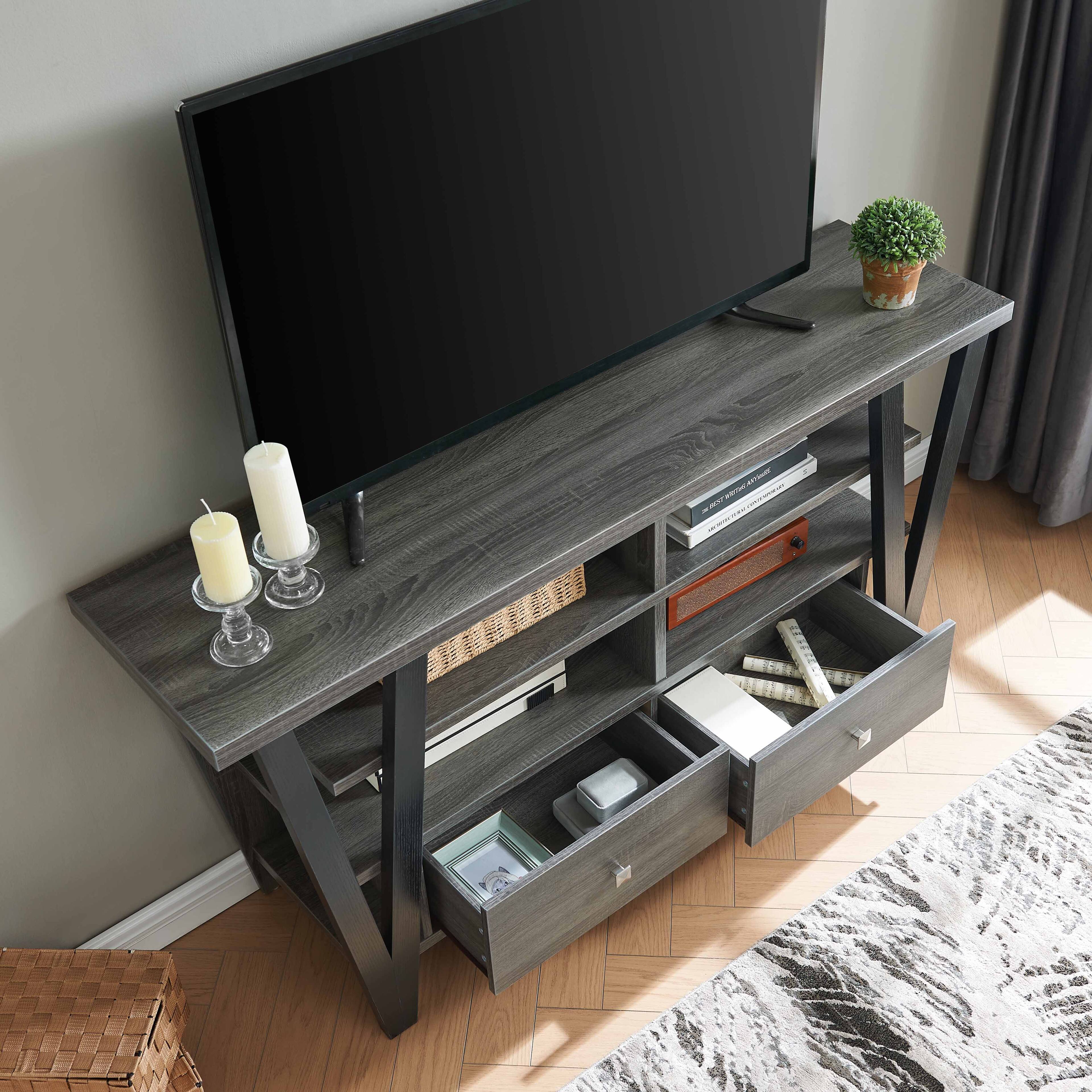Left. APRILSOUL - Tall TV Stand cabinet with two drawers on metal glides metal square knob handles and two divided shelf tiers - Grey and Black.