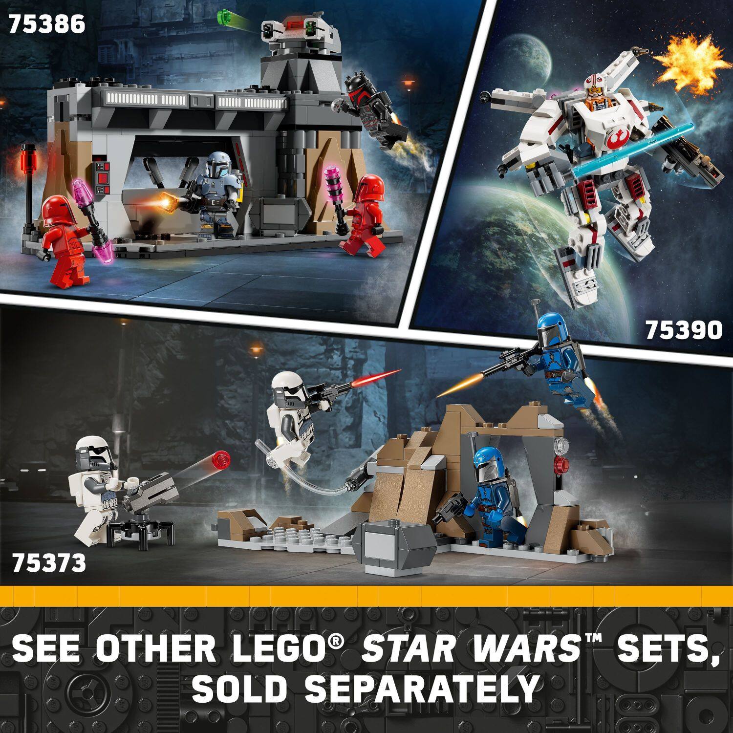 The text on the image reads: "75386 75390 75373 R TM See other LEGO Star Wars sets, sold separately."