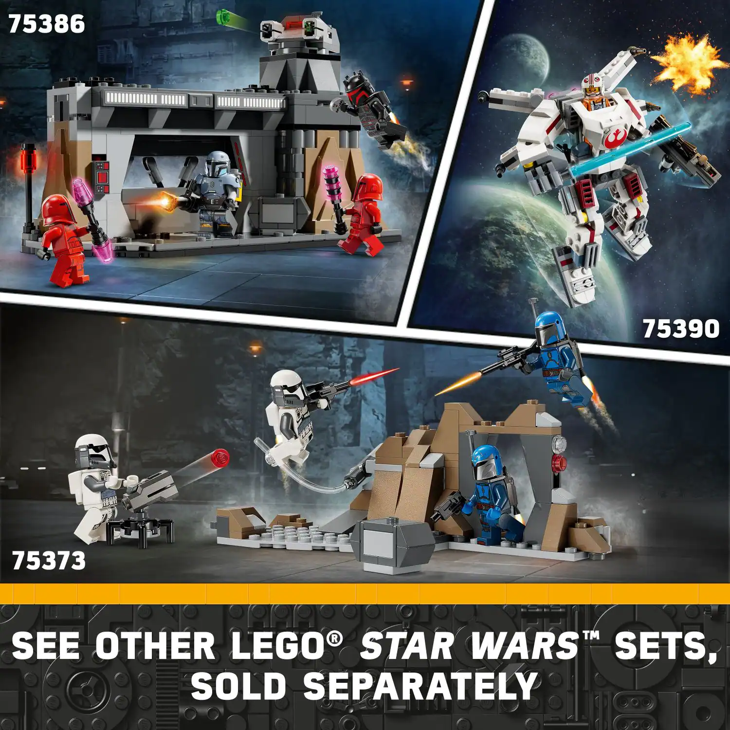 The text on the image reads: "75386 75390 75373 R TM See other LEGO Star Wars sets, sold separately."