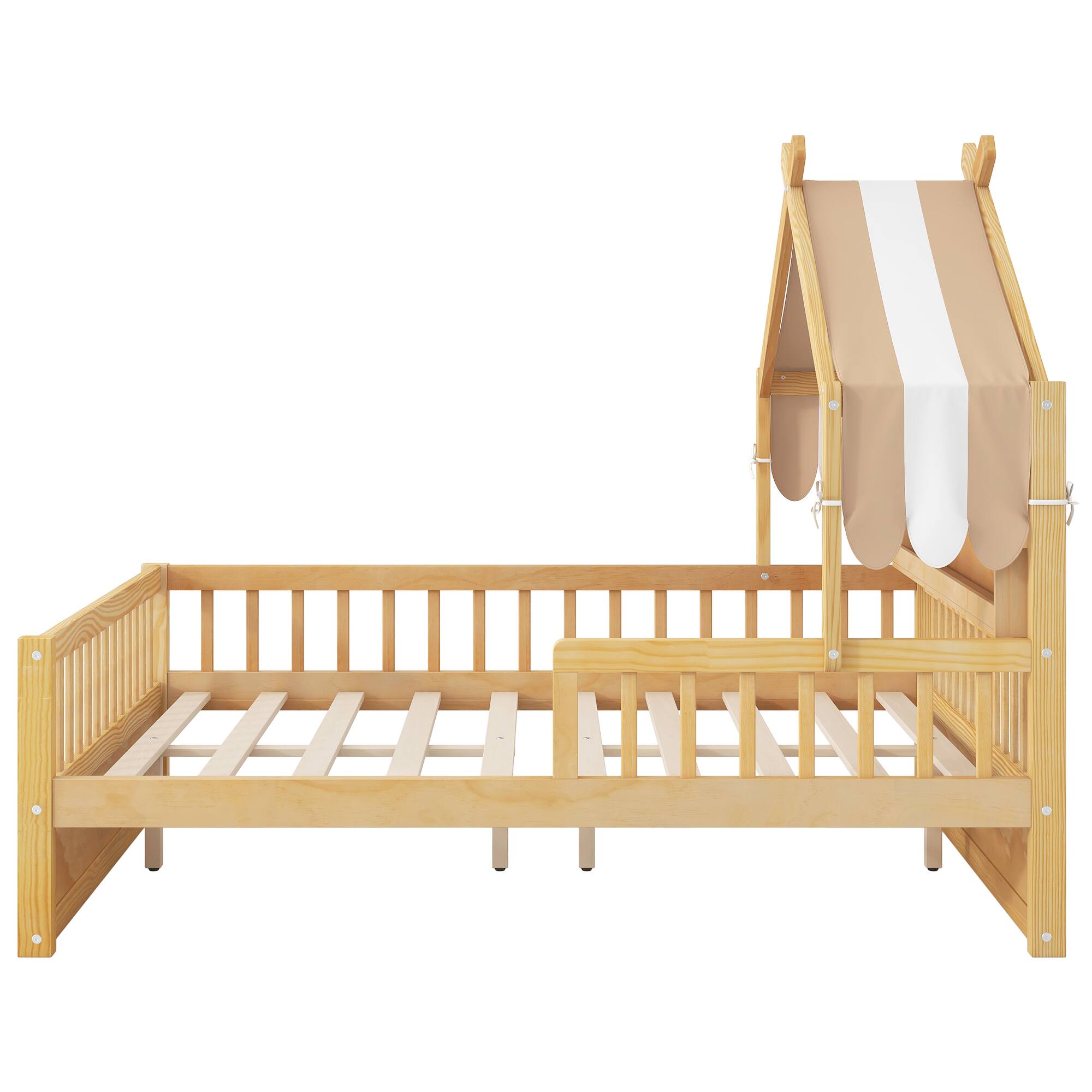 Alt View 2. Whisen - Wooden House Platform Bed with Storage Headboard Shelf and Fabric Canopy - Natural.