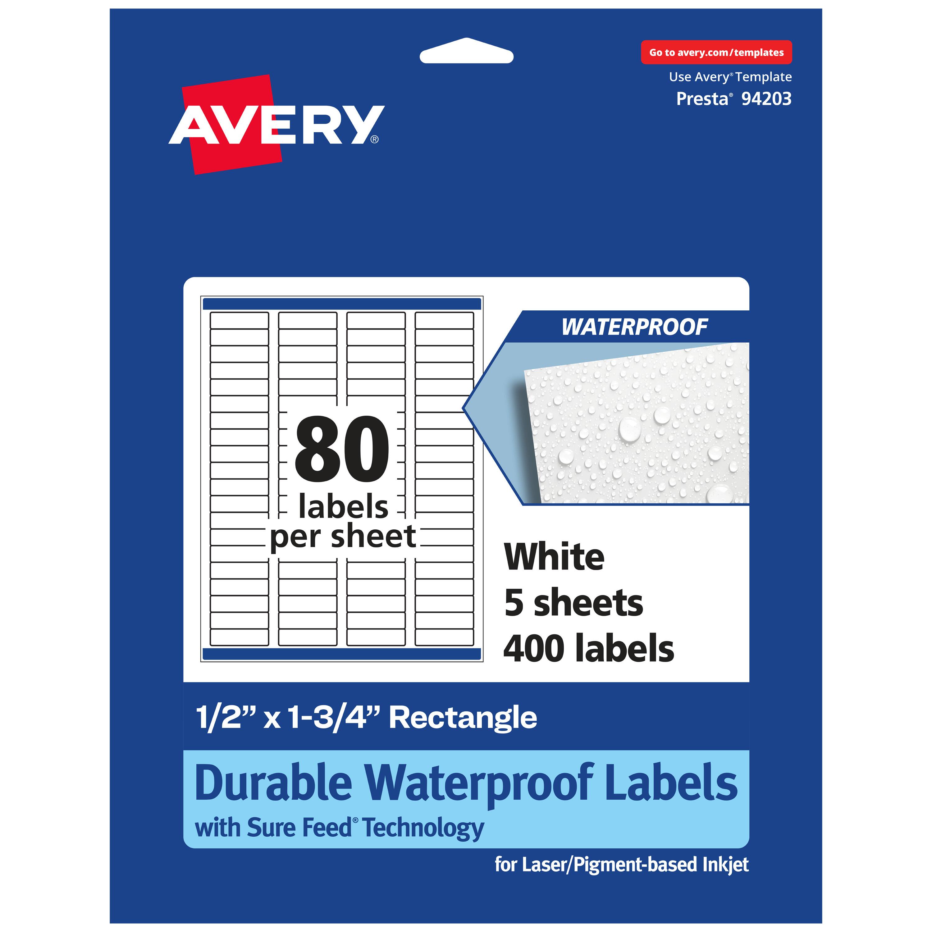 Go to avery.com/templates  
AVERY  
Use Avery™ Template Presta 94203  
WATERPROOF  
80 labels per sheet  
White  
5 sheets  
400 labels  
1/2" X 1-3/4" Rectangle  
Durable Waterproof Labels with Sure Feed Technology for Laser/Pigment-based Inkjet