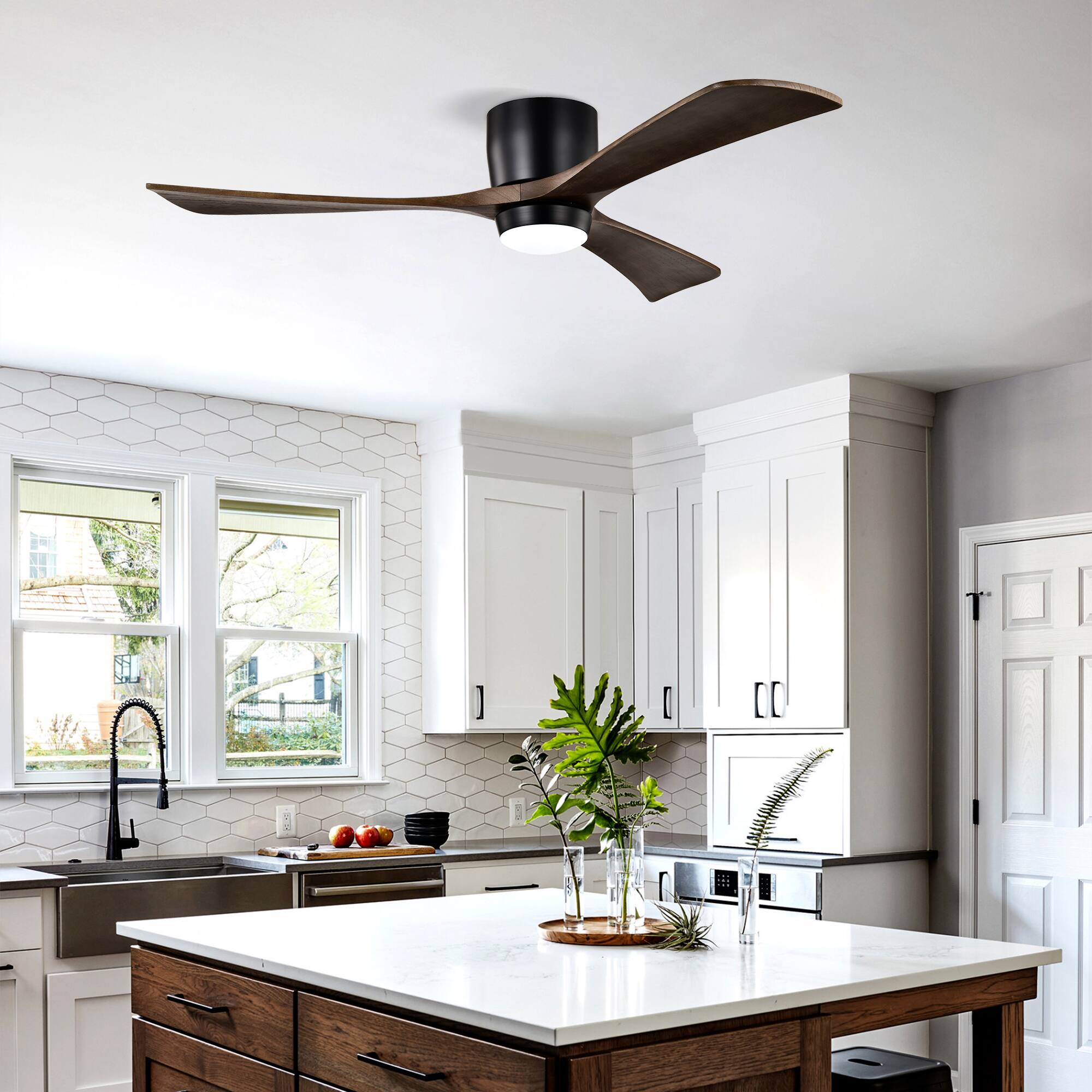 Back. Loheer - Loheer 52 Inch Flush Mount Wood Ceiling Fan with Light Matte Black Quiet DC Motor Remote for Bedroom Living Room.