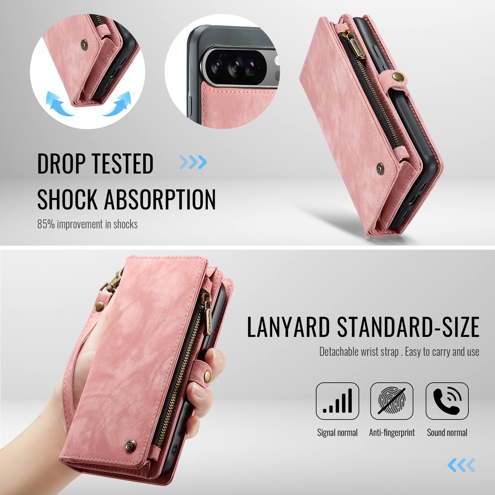 DROP TESTED  
SHOCK ABSORPTION  
85% improvement in shocks  

LANYARD STANDARD-SIZE  
Detachable wrist strap  
Easy to carry and use  

Signal normal  
Anti-fingerprint  
Sound normal