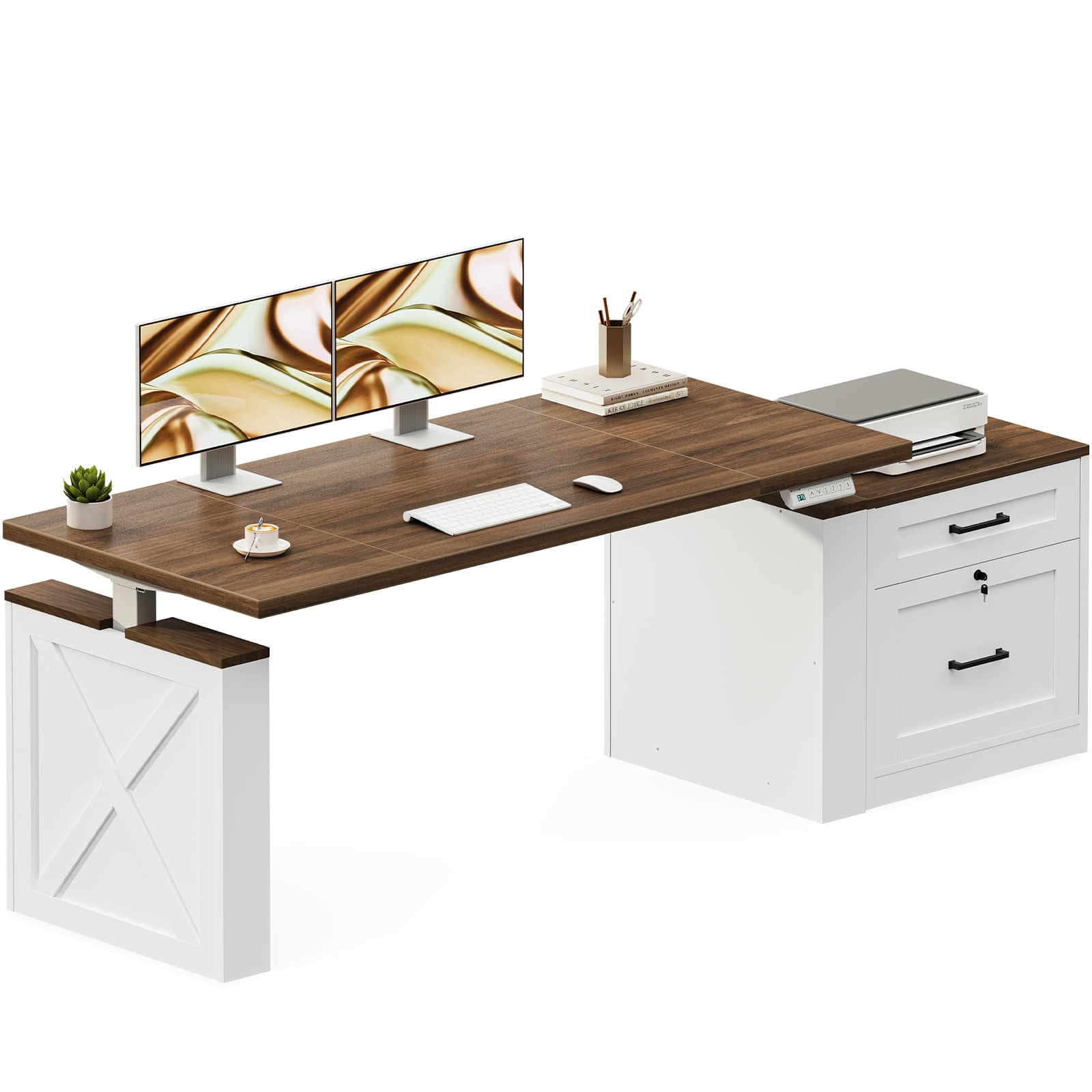 OffiGo - Farmhouse Standing Desk with Storage Cabinet & Decorative Legs, Electric Sit-Stand Workstation for Home Office - Walnut/White