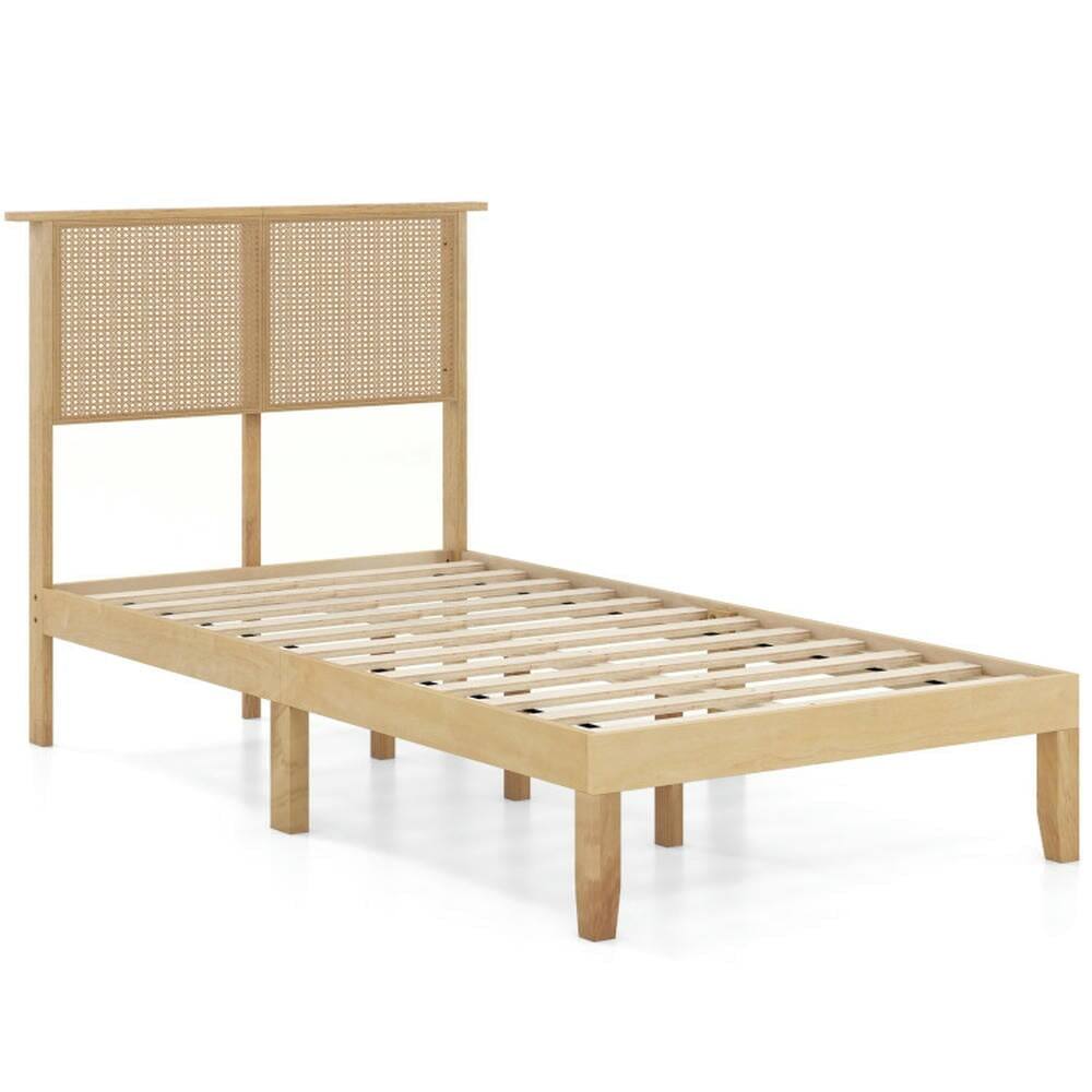 Kadyn - Platform Bed Frame, Bedroom Bed Frame,Twin/Full/Queen Size Bed Frame with Rattan Headboard-Twin Size - Beige
