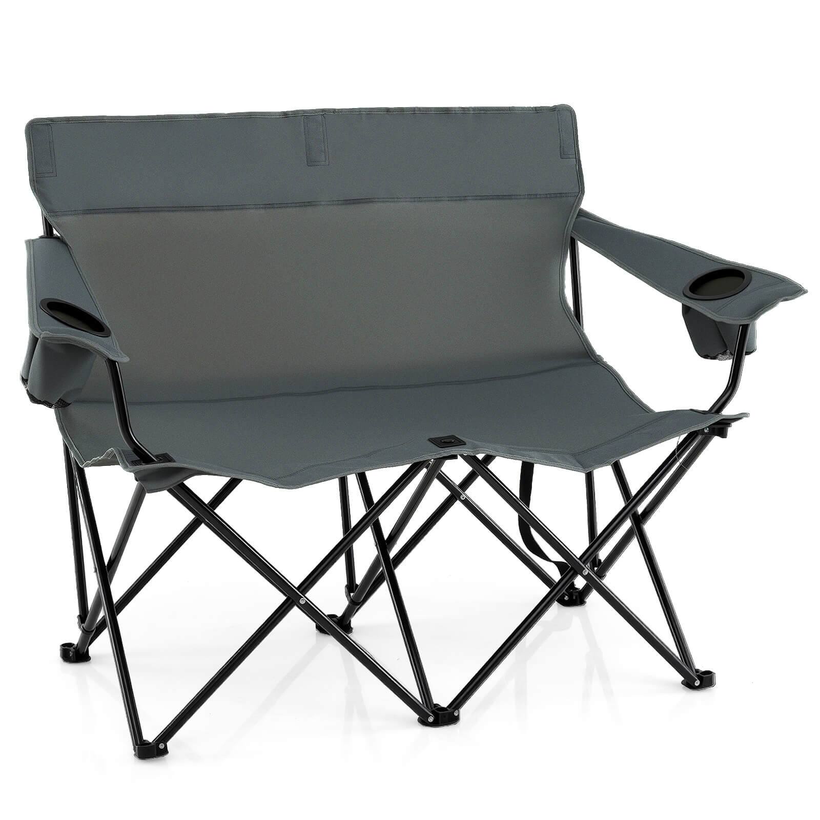 Costway - 2-Person Outdoor Folding Loveseat with Cup Holders Armrests Carrying Bag - Gray