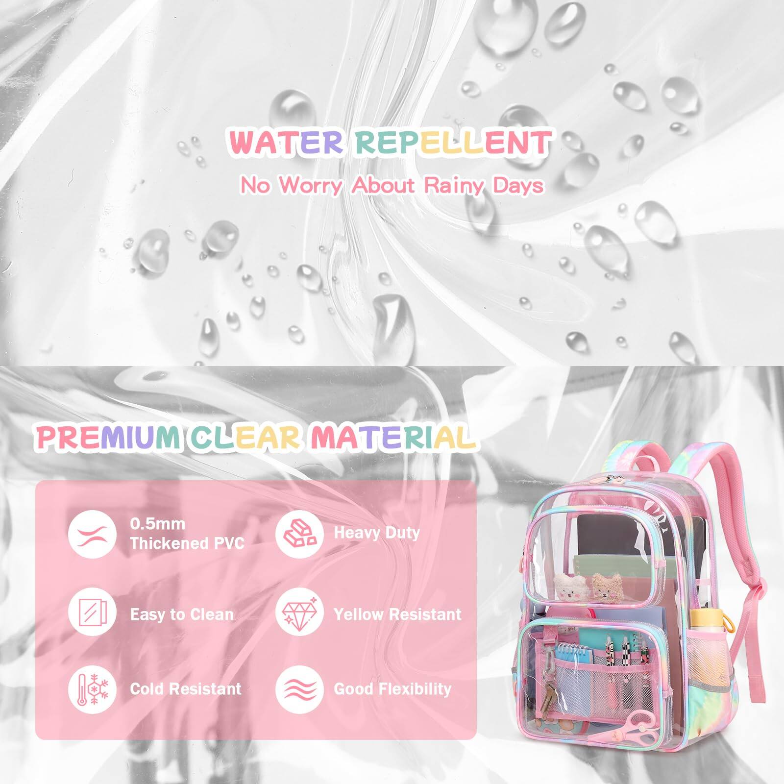Back. Pacoar Cade - Pink Clear Backpack For Heavy Duty Bookbag  See Through School Stadium Events And Concert Transparent Backpacks - Purple.