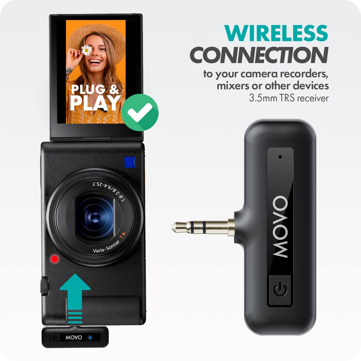 **WIRELESS CONNECTION**  
to your camera recorders, mixers or other devices  
3.5mm TRS receiver  

**PLUG & PLAY**  

**MOVO**  
LSZ-V6/8Z-81  
Vario-Sonnar T*
