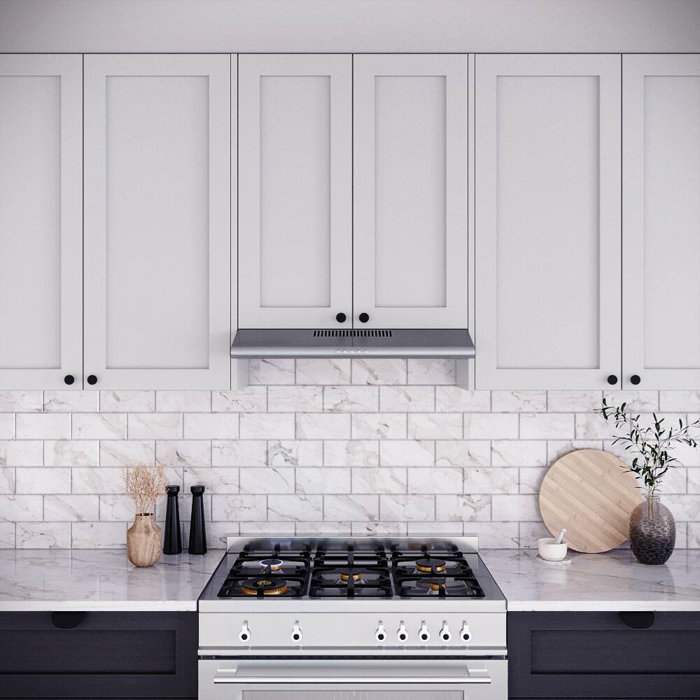 Left. Streamline - 30 in. Lammari Ducted Undermount 80 CFM Range Hood, Mesh Filters, Push Button Control, LED Light - Brushed Stainless Steel.