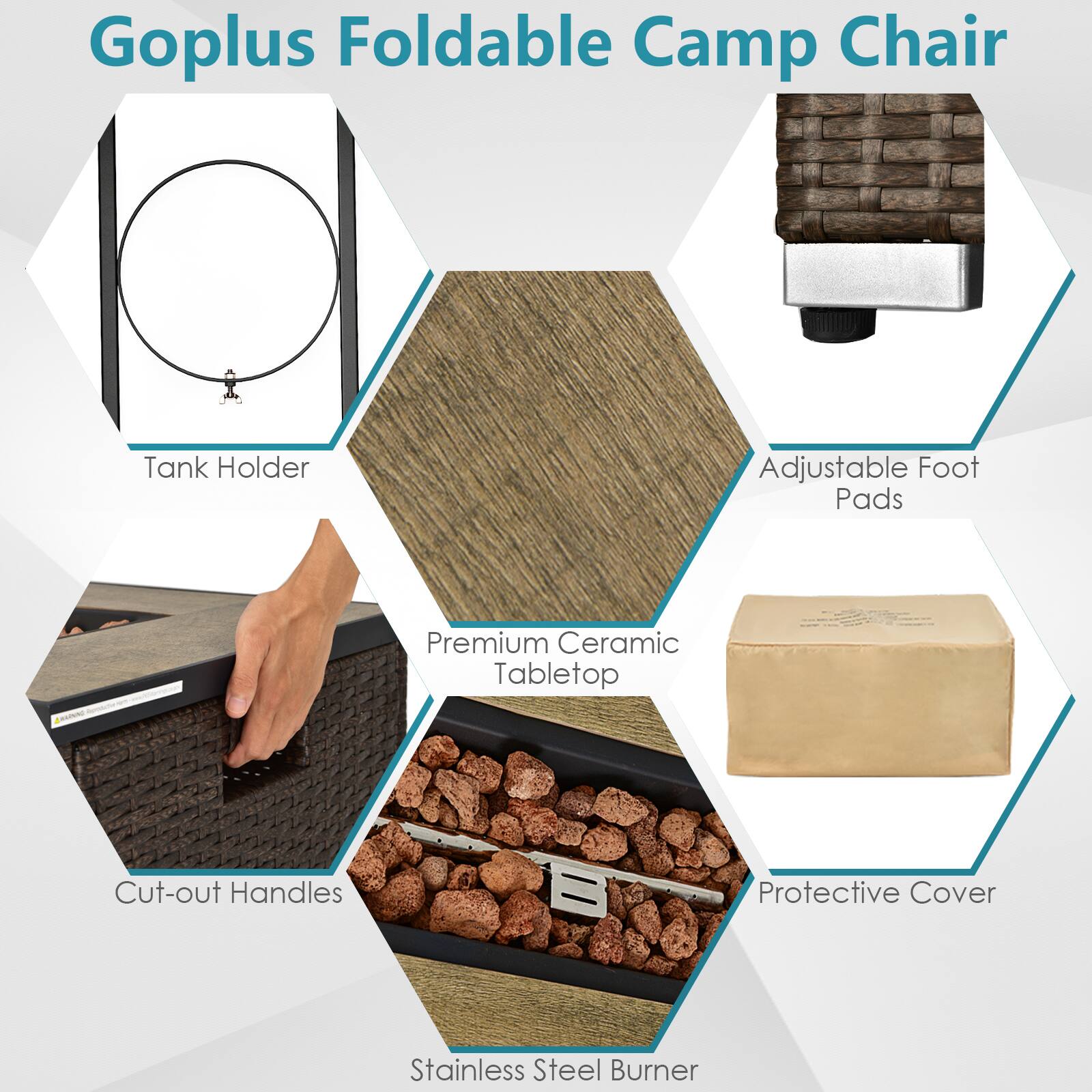 Goplus Foldable Camp Chair

- Tank Holder
- Adjustable Foot Pads
- Premium Ceramic Tabletop
- Cut-out Handles
- Protective Cover
- Stainless Steel Burner