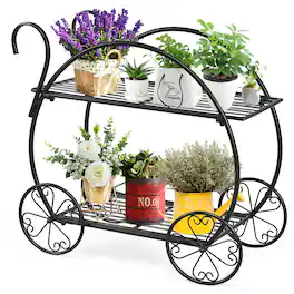 Costway - Heavy Duty Metal Flower Cart Pot Rack Plant Display Stand Holder Decor - Black