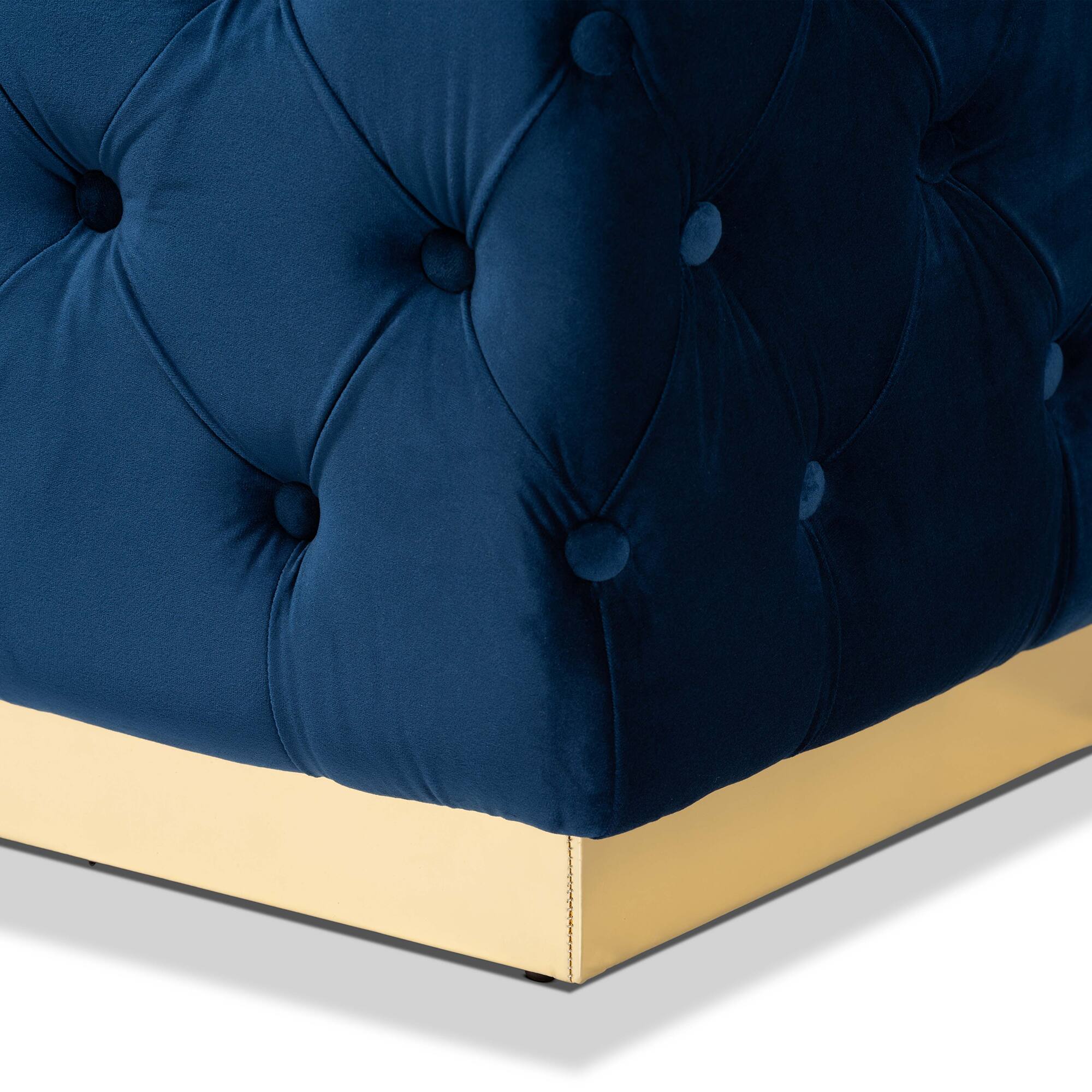 Back. Baxton Studio - Corrine Glam and Luxe Velvet Fabric Upholstered and Gold PU Leather Ottoman - Navy blue/gold.