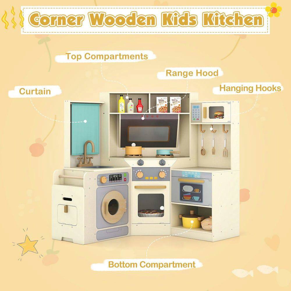 Corner Wooden Kids Kitchen  
- Top Compartments  
- Range Hood  
- Hanging Hooks  
- Curtain  
- Bottom Compartment