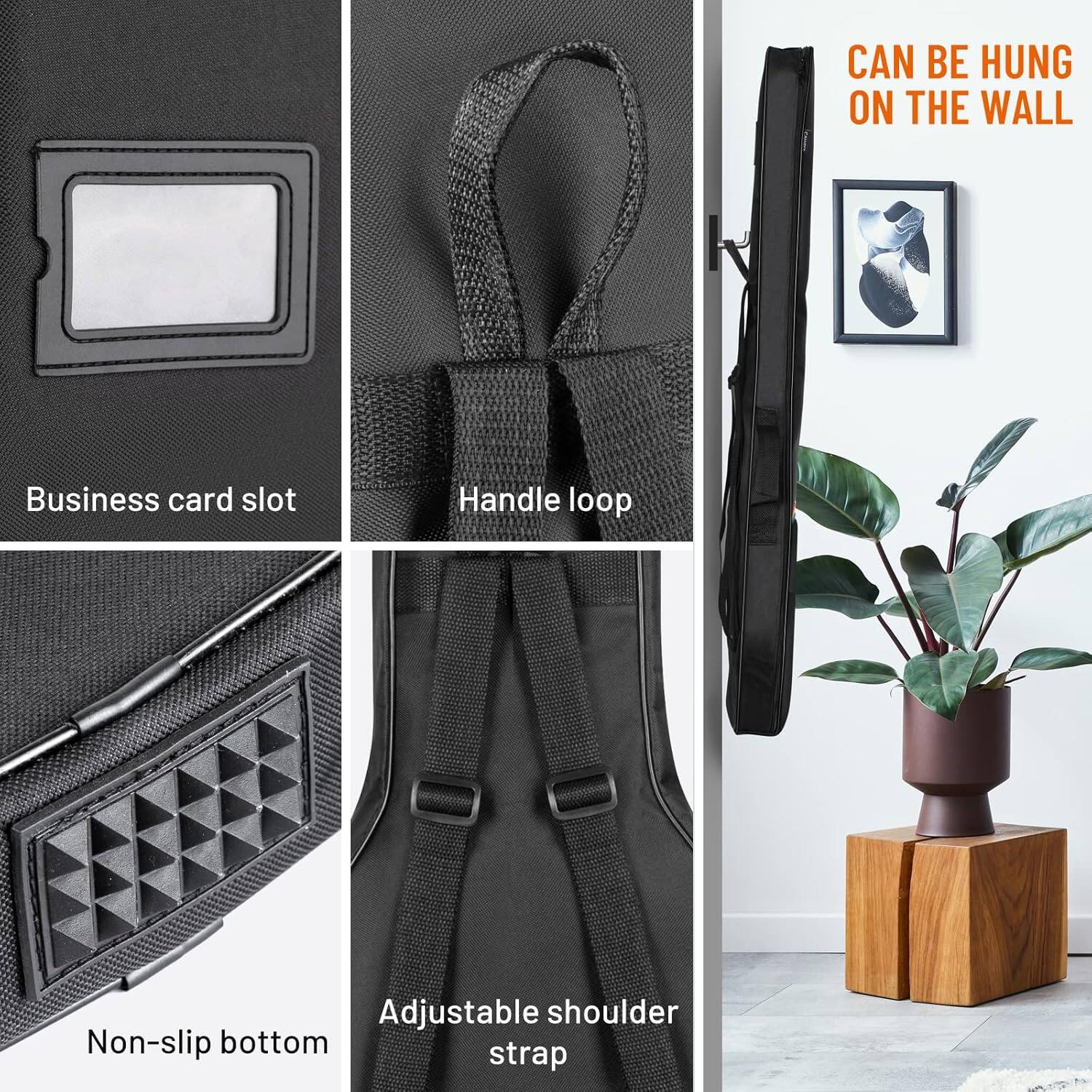 CAN BE HUNG ON THE WALL

- Business card slot
- Handle loop
- Non-slip bottom
- Adjustable shoulder strap