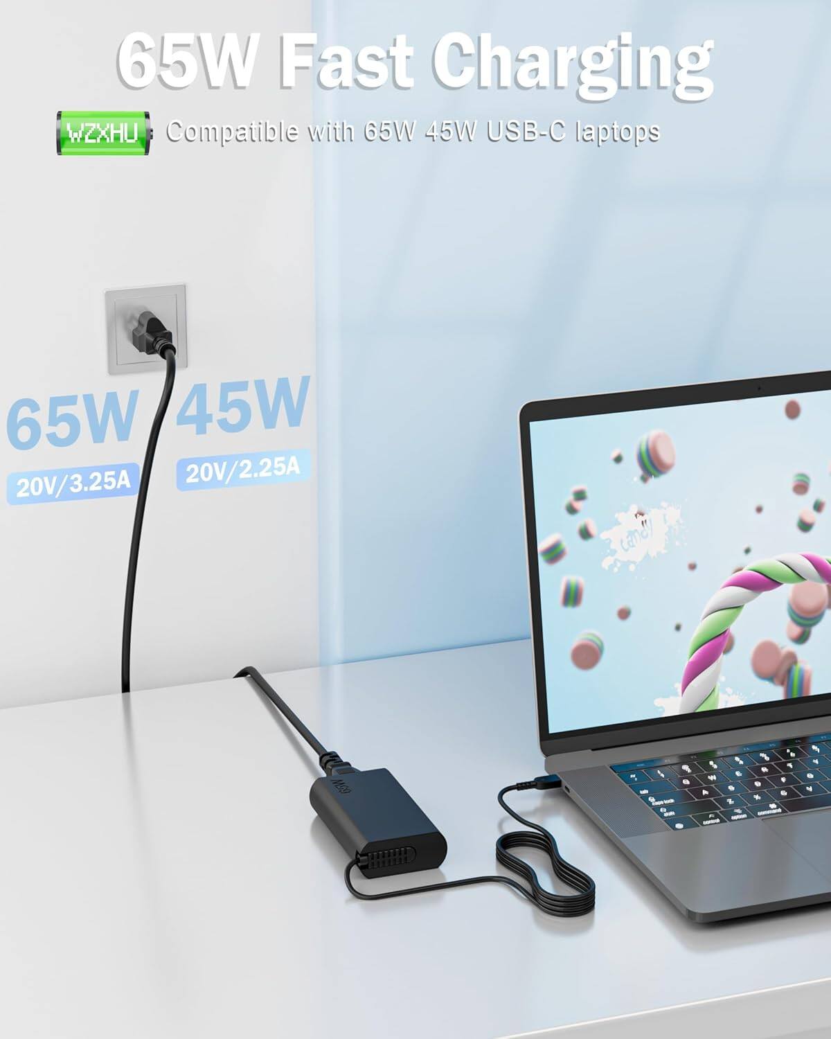 65W Fast Charging WZXHU Compatible with 65W 45W USB-C laptops 65W 45W 20V/3.25A 20V/2.25A