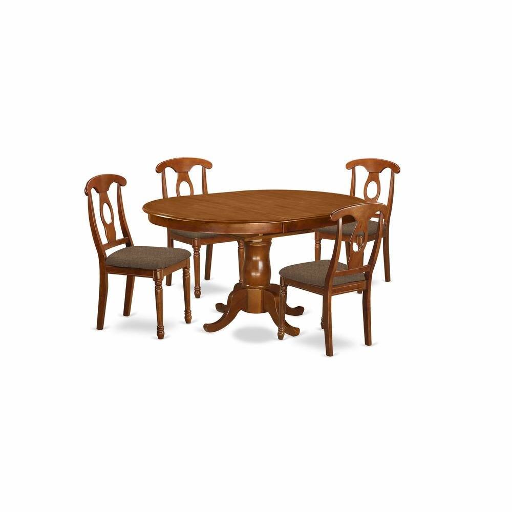 Left. East West Furniture - PONA5-SBR-C 5 Pc Dining room set for 4-Oval Dining Table with Leaf and 4 Styled Dining Chairs - Saddle Brown.