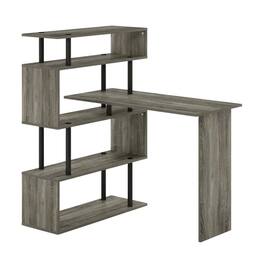 BisonOffice - L-Shaped Computer Desk - 5-Tiers, French Oak, Black finish, sturdy workspace - French Oak/Black