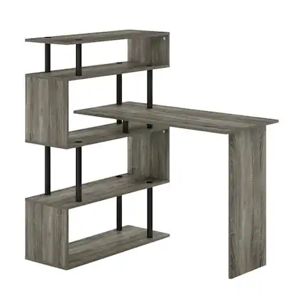 Front. BisonOffice - L-Shaped Computer Desk - 5-Tiers, French Oak, Black finish, sturdy workspace - French Oak/Black.