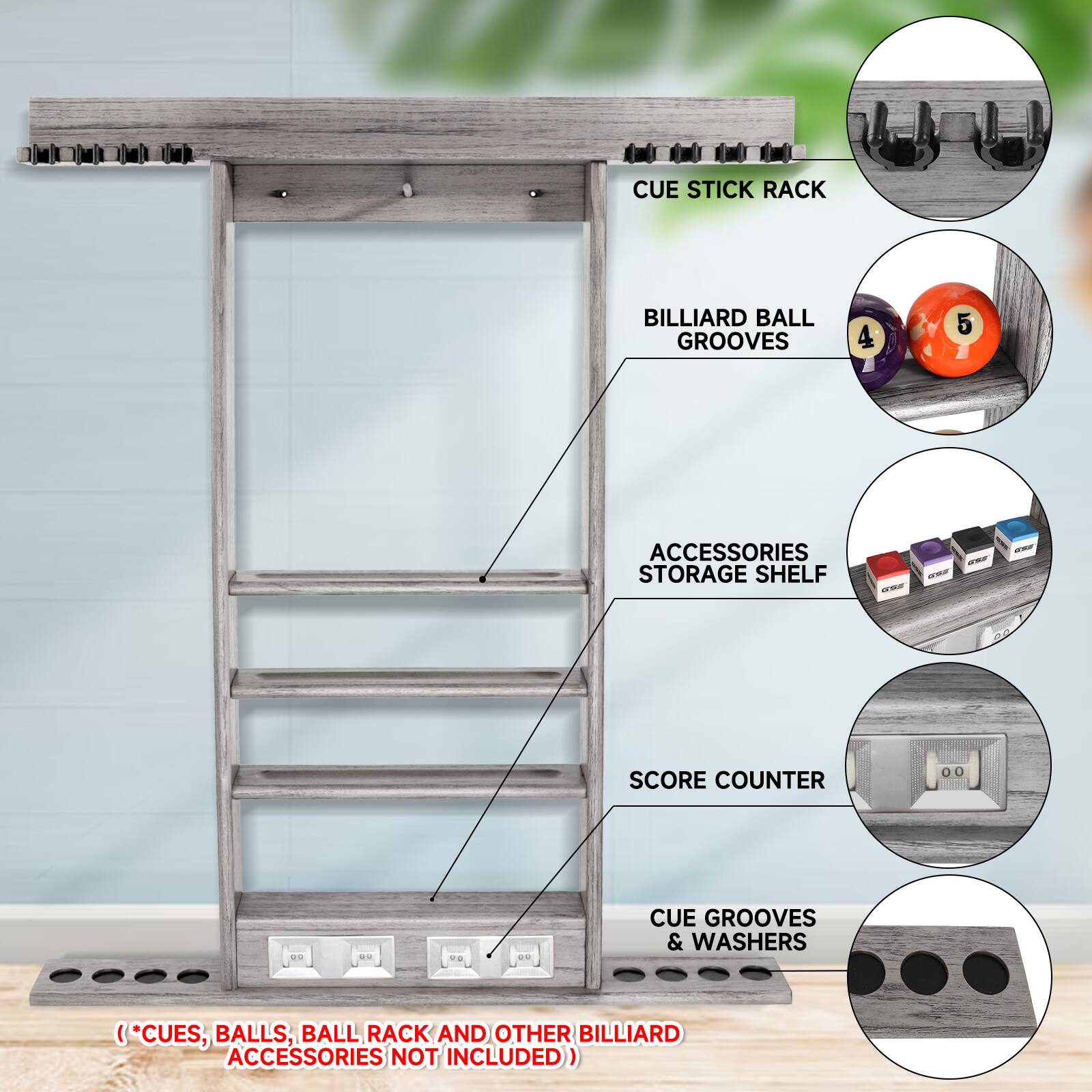 CUE STICK RACK, BILLIARD BALL GROOVES, ACCESSORIES STORAGE SHELF, SCORE COUNTER, CUE GROOVES & WASHERS, ( *CUES, BALLS, BALL RACK AND OTHER BILLIARD ACCESSORIES NOT INCLUDED)